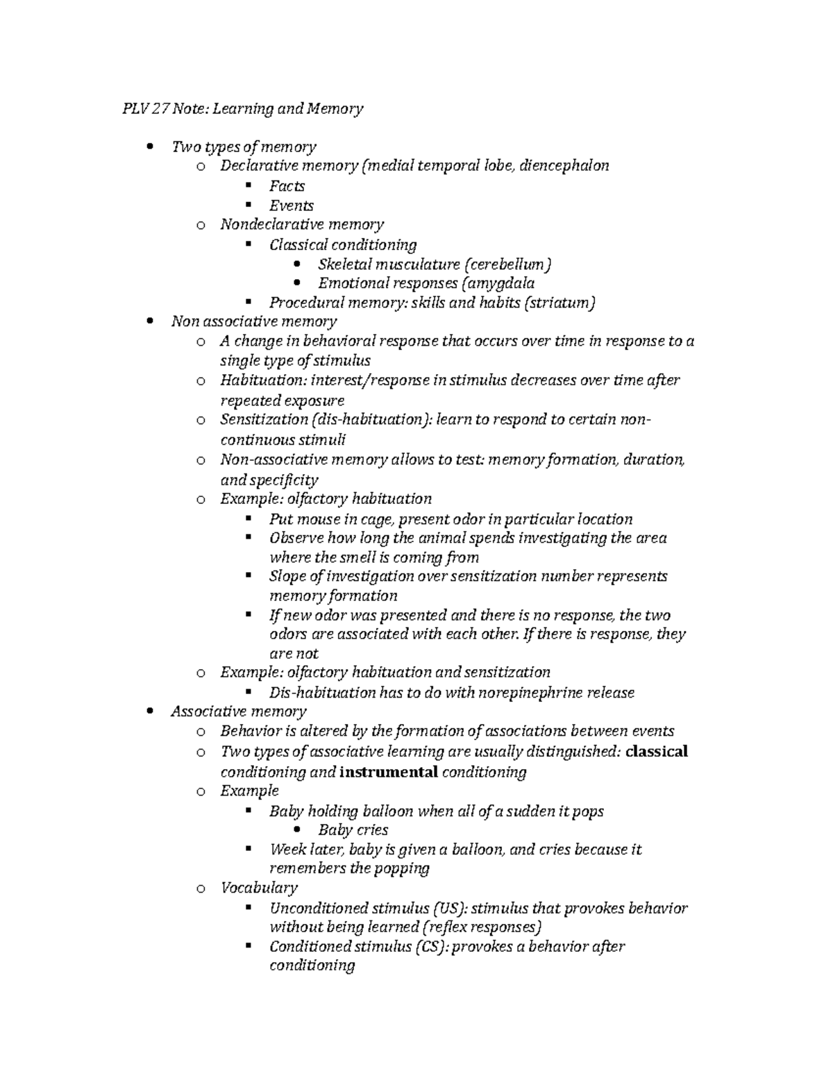 Pre-Lecture Video 27 Notes - PLV 27 Note: Learning and Memory Two types ...