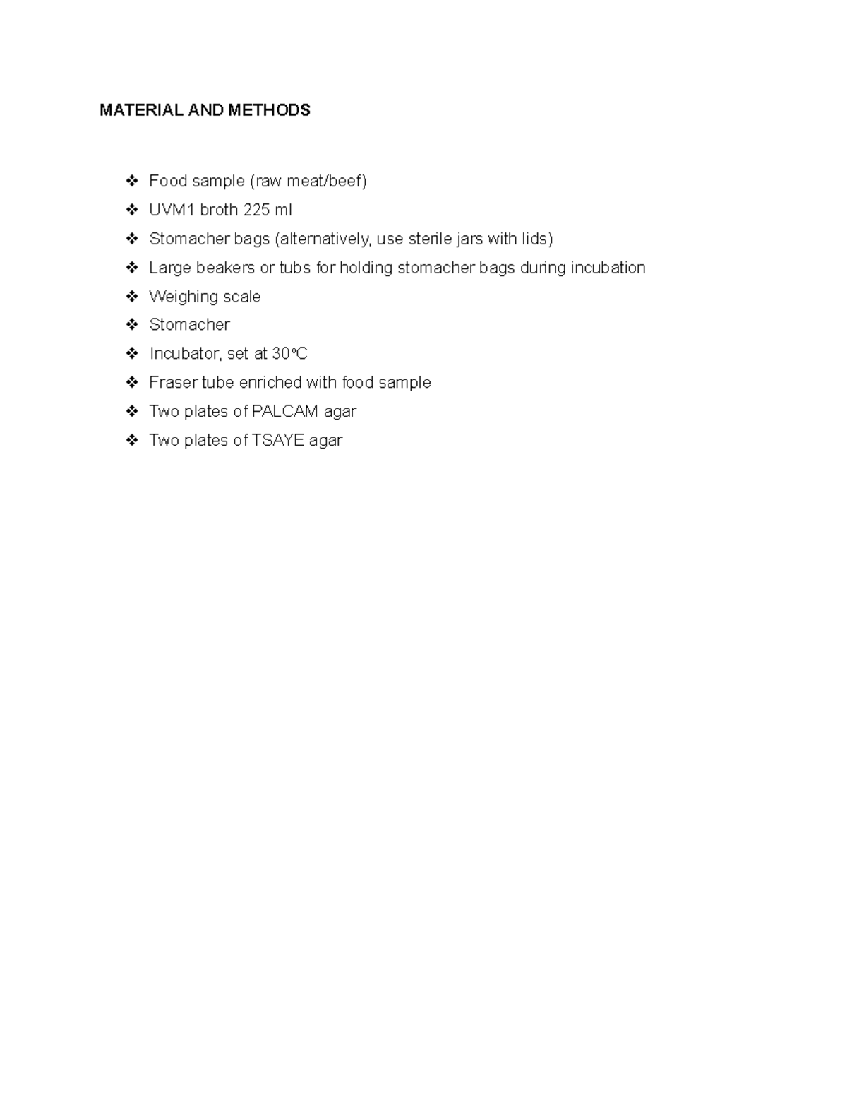 Material method and conclusion MATERIAL AND METHODS Food sample (raw