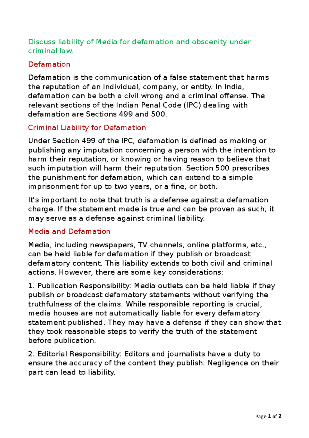 4.5 Media's liability for defamation and obscenity Discuss liability