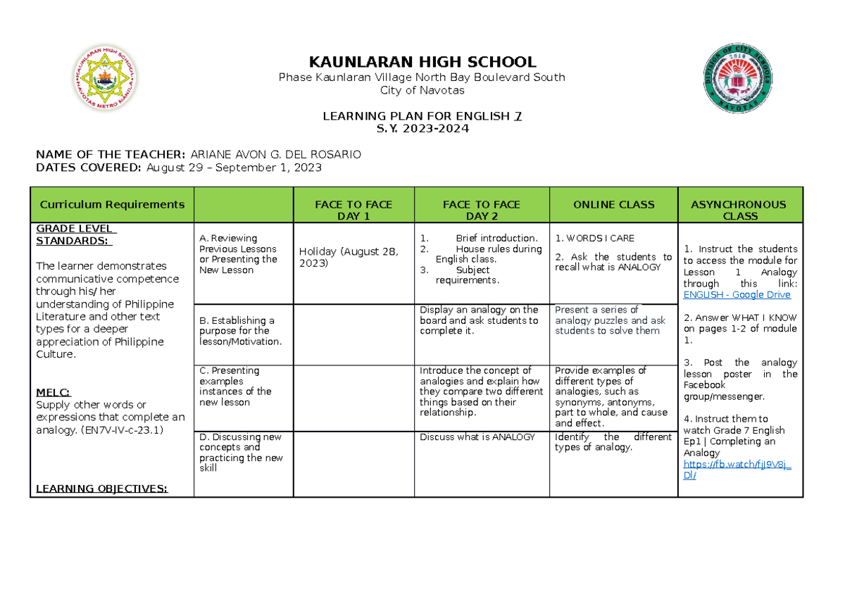 DLL - Q1 W1 Analogy - KAUNLARAN HIGH SCHOOL Phase Kaunlaran Village ...