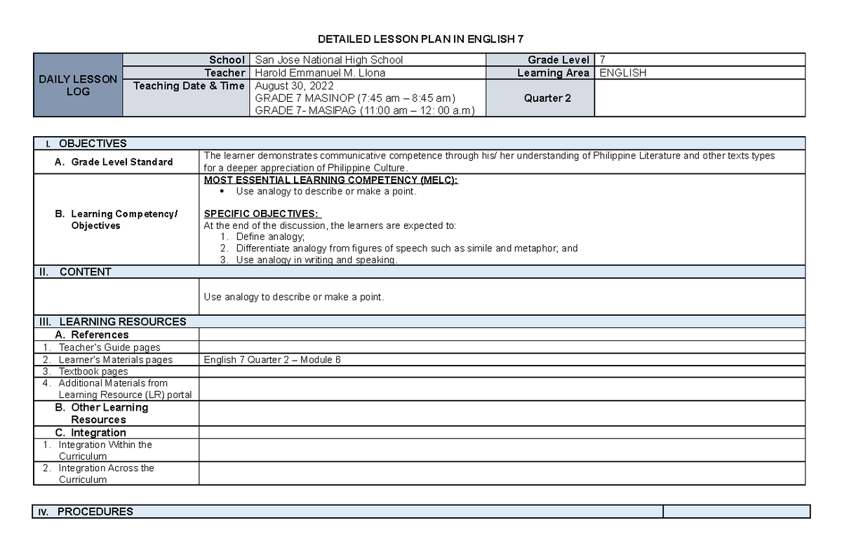 Daily Lesson PLAN- March 08, 2023 - DETAILED LESSON PLAN IN ENGLISH 7 ...