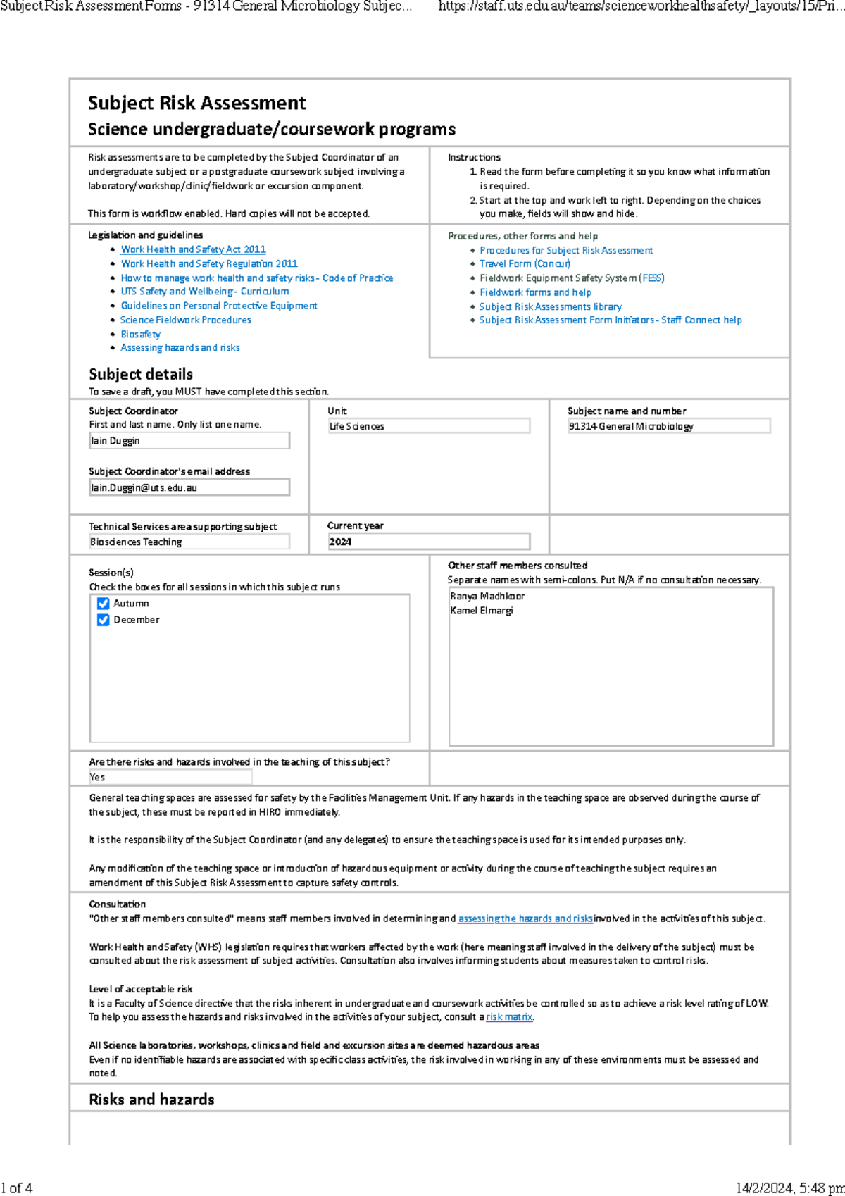 Subject risk assessment - Subject Risk Assessment Science undergraduate ...