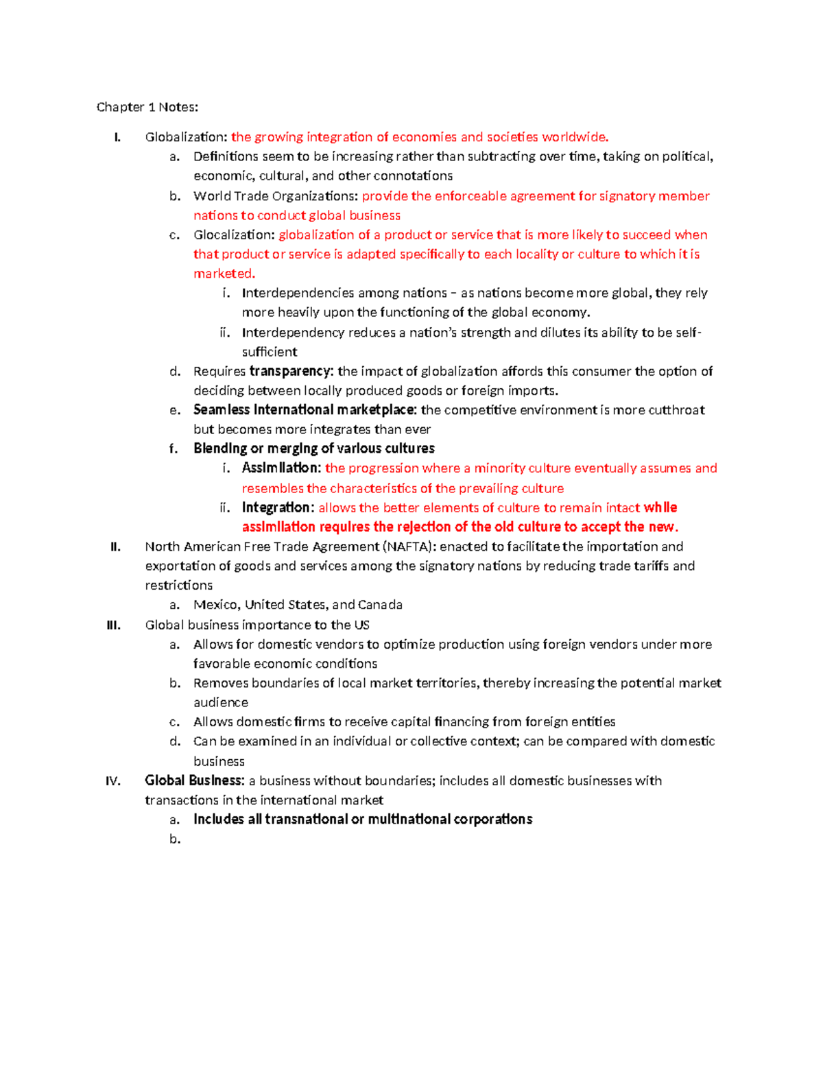 BUSI 604 Chapter Notes - Chapter 1 Notes: I. Globalization: the growing ...