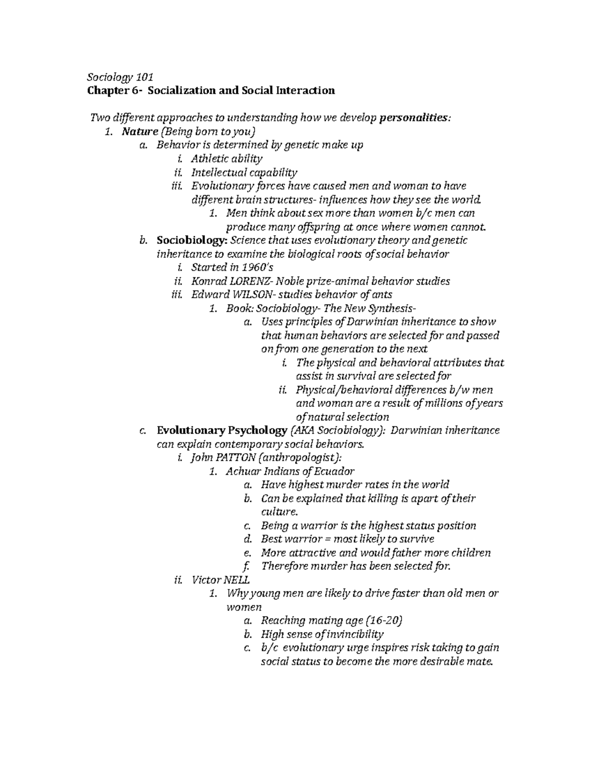 Sociology 101- chapter 6 notes - Sociology 101 Chapter 6- Socialization ...