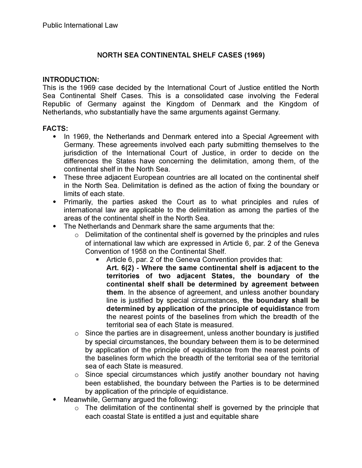 North Sea Continental Shelf Cases 1969 Public International Law North Sea Continental Shelf 