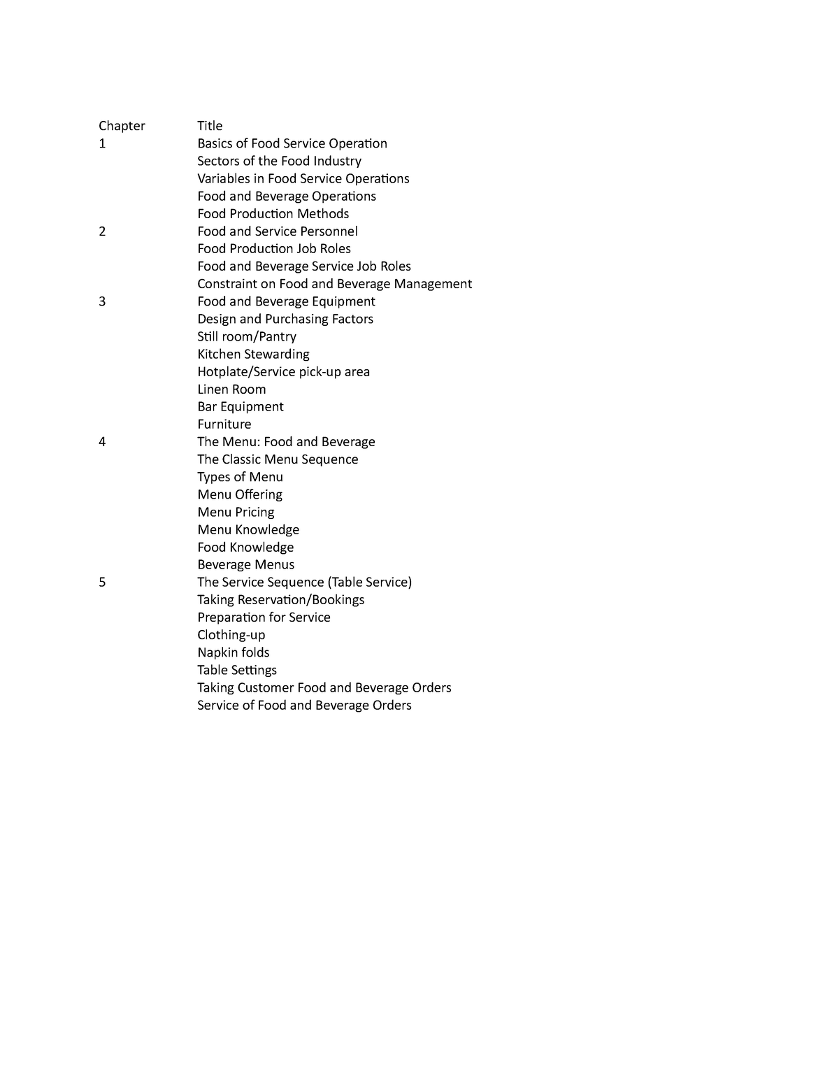 Course outline food service operations - Chapter Title 1 Basics of Food ...