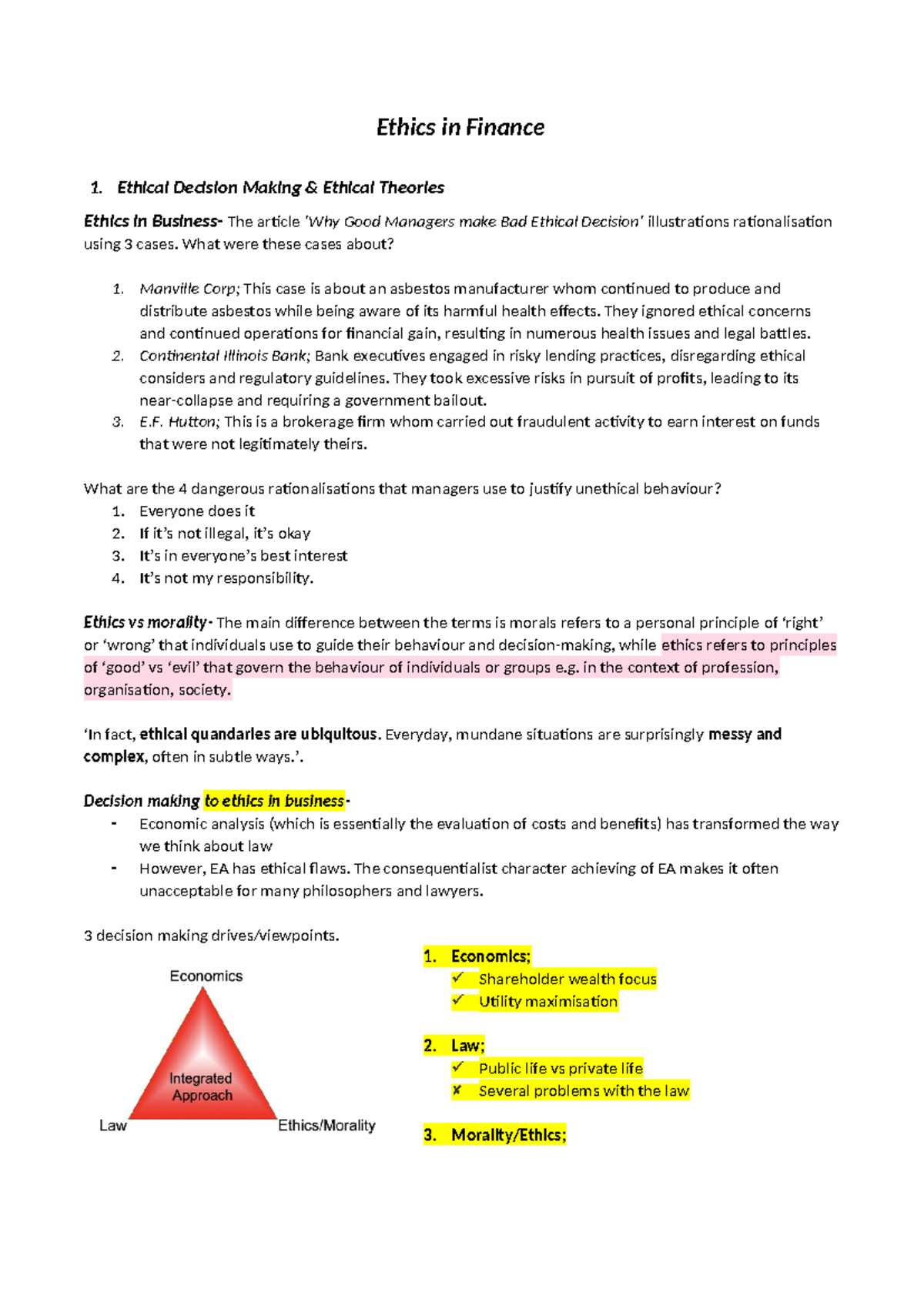 Ethics in Finance Notes - Ethics in Finance 1. Ethical Decision Making ...