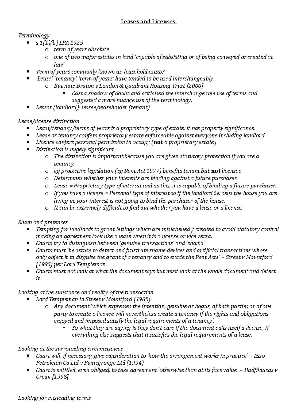 Leases and Licenses - Lecture Notes - Leases and Licenses Terminology s ...
