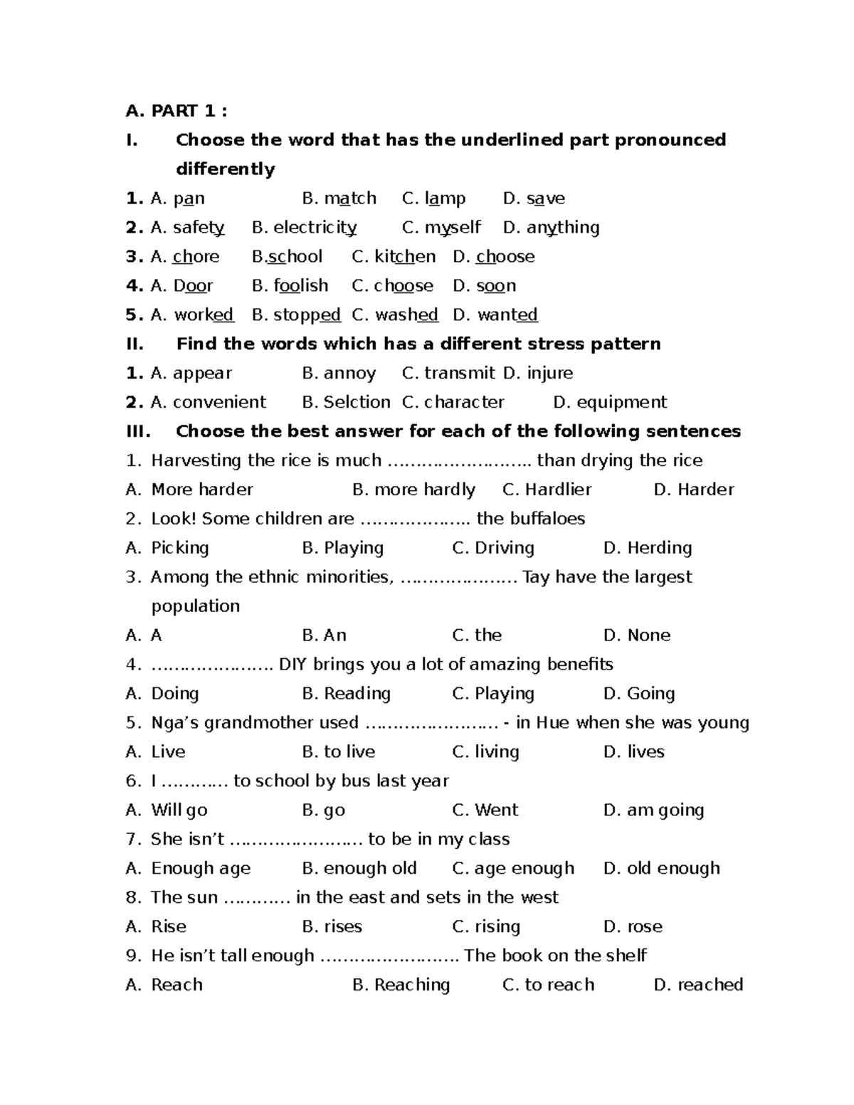 File - A. PART 1 : I. Choose The Word That Has The Underlined Part ...