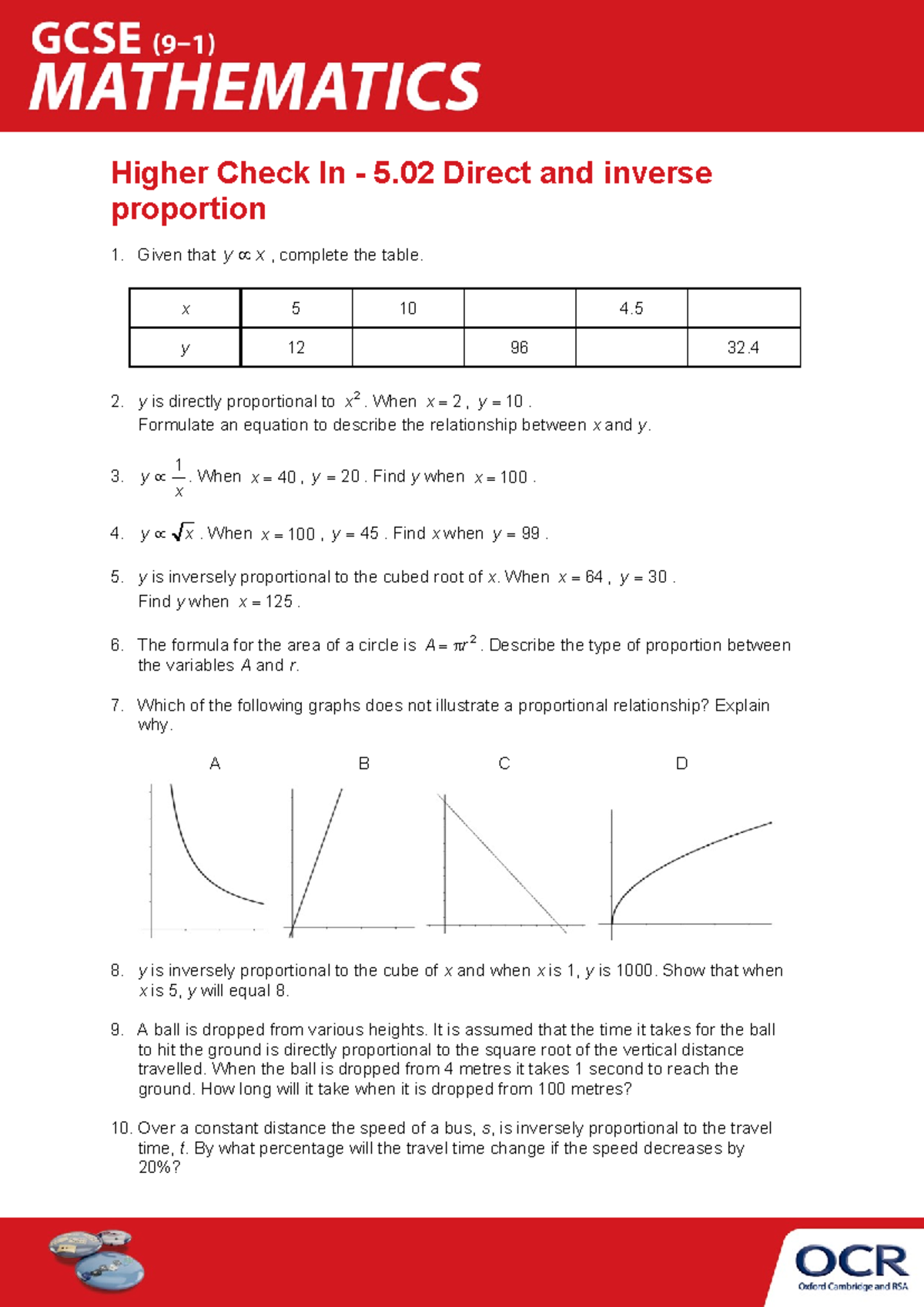 5.02 Direct and inverse proportion - Higher Check In - 5 Direct and ...