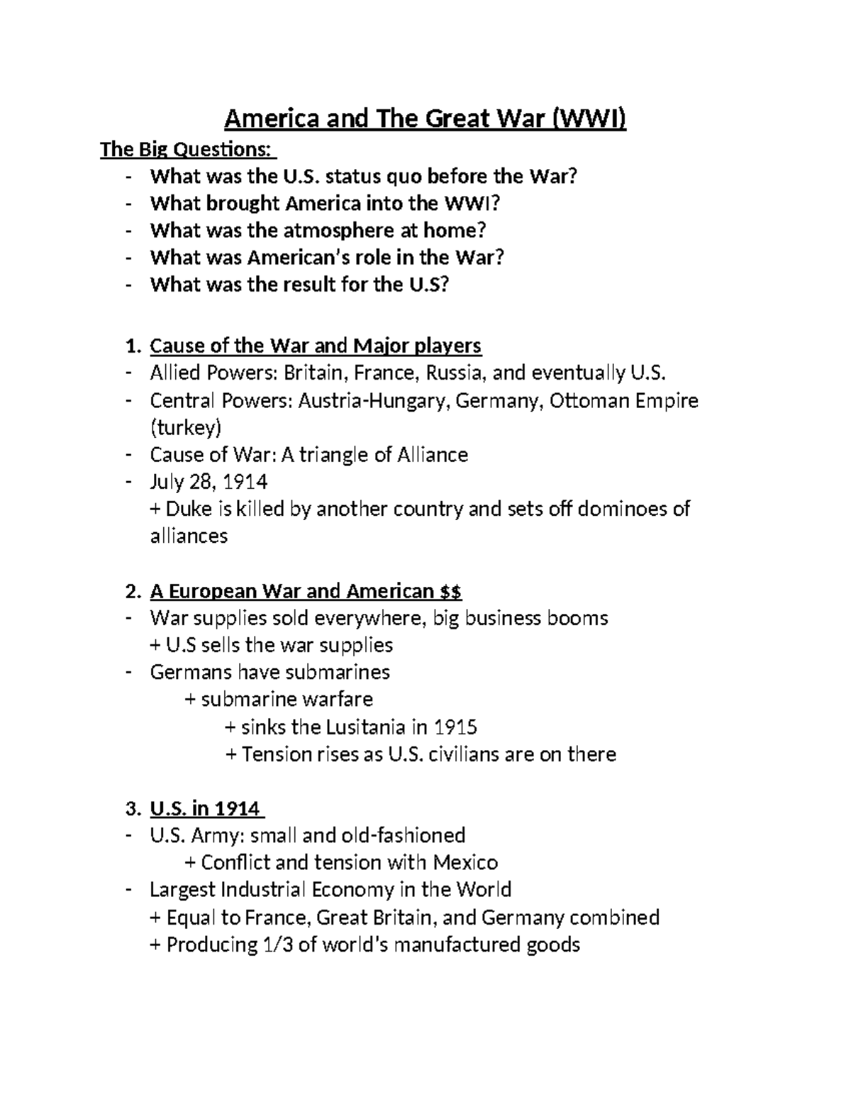 America and The Great War 630 status quo before the War? What