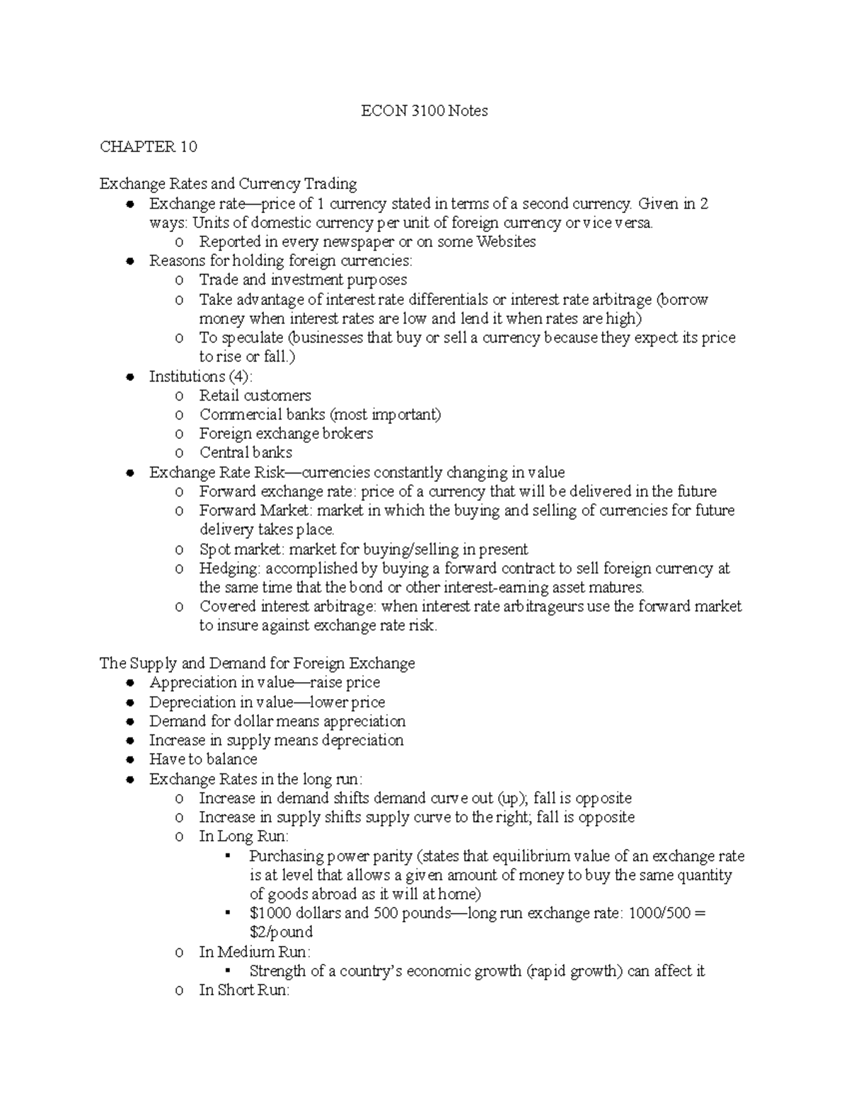 ECON3100Notes Chapter 10 - ECON 3100 Notes CHAPTER 10 Exchange Rates ...