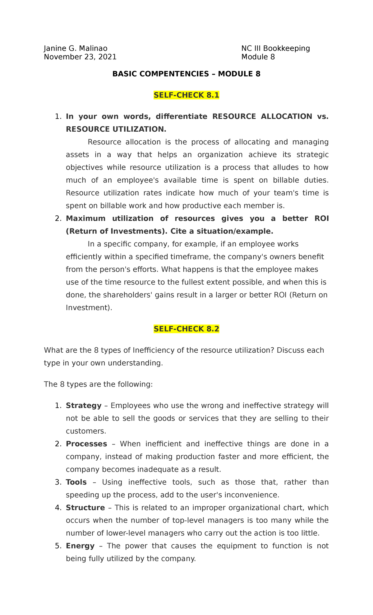 Module 8 - Basic Bookeepping - Janine G. Malinao Nc Iii Bookkeeping 