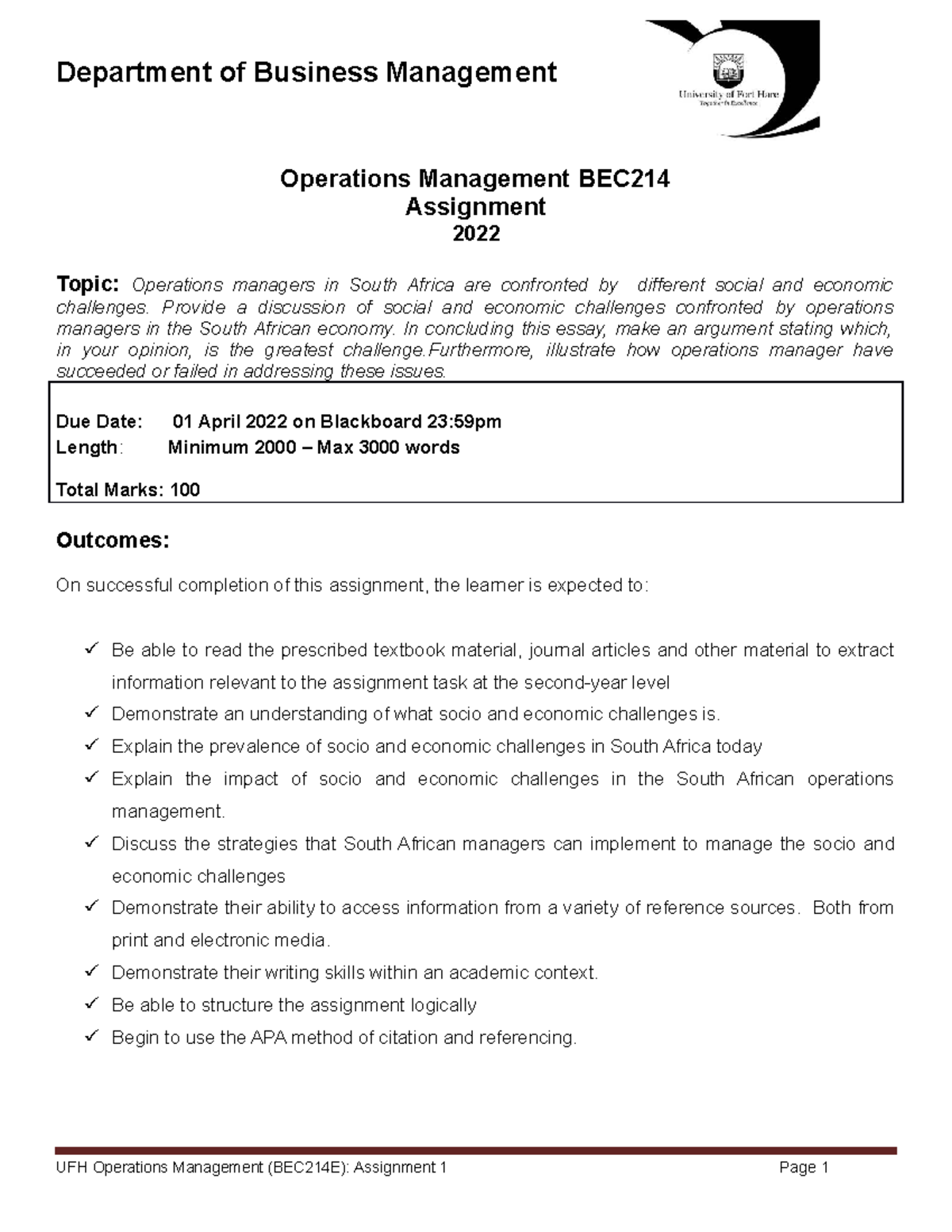 Assignment Guide BEC214 - 2022 - Department of Business Management ...