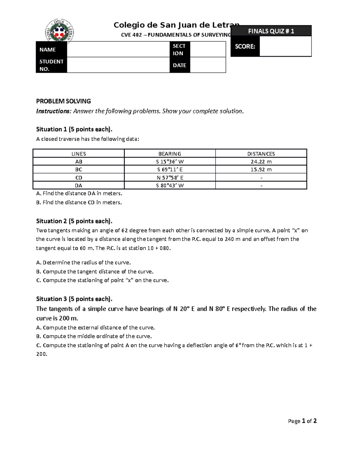 Q2 - CVE402 - 11-15 - Horizontal Curves - Colegio de San Juan de Letran ...