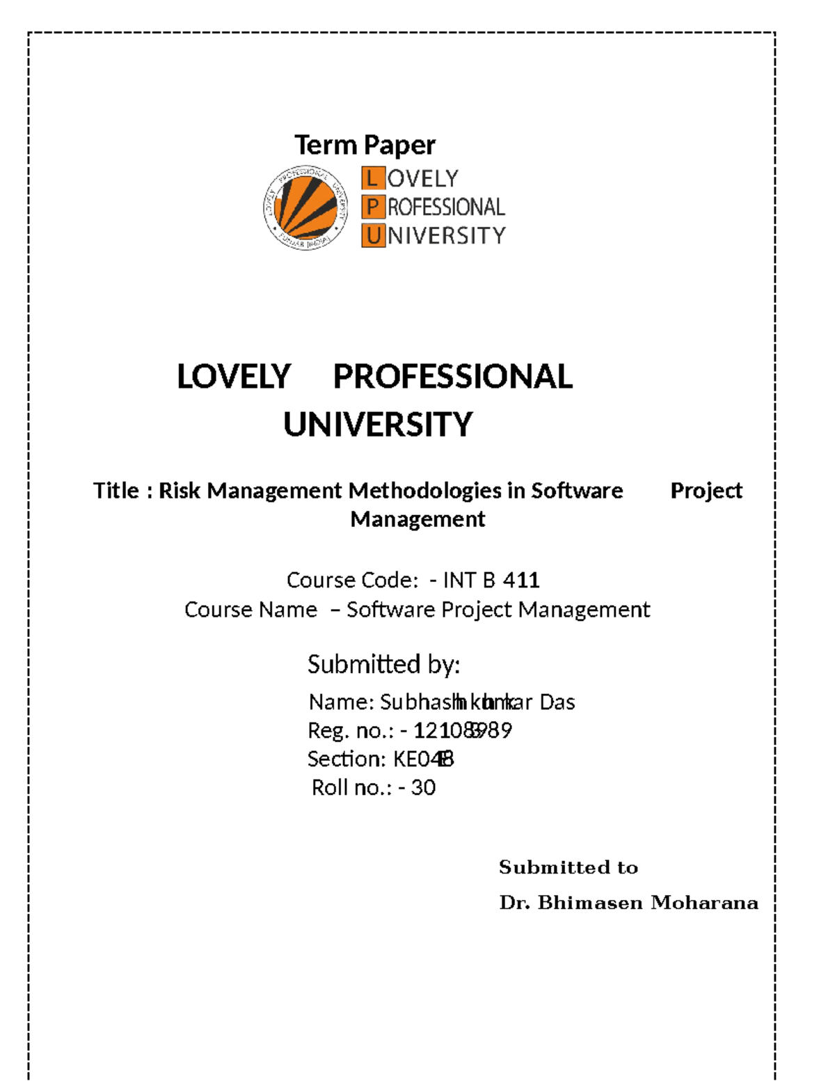 Software IPR - Term Paper LOVELY PROFESSIONAL UNIVERSITY Title : Risk ...