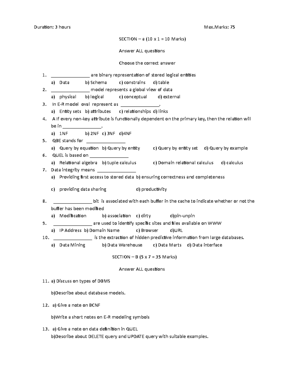 DBMS - Questions for revise - Duration: 3 hours Max: 75 SECTION – a (10 ...