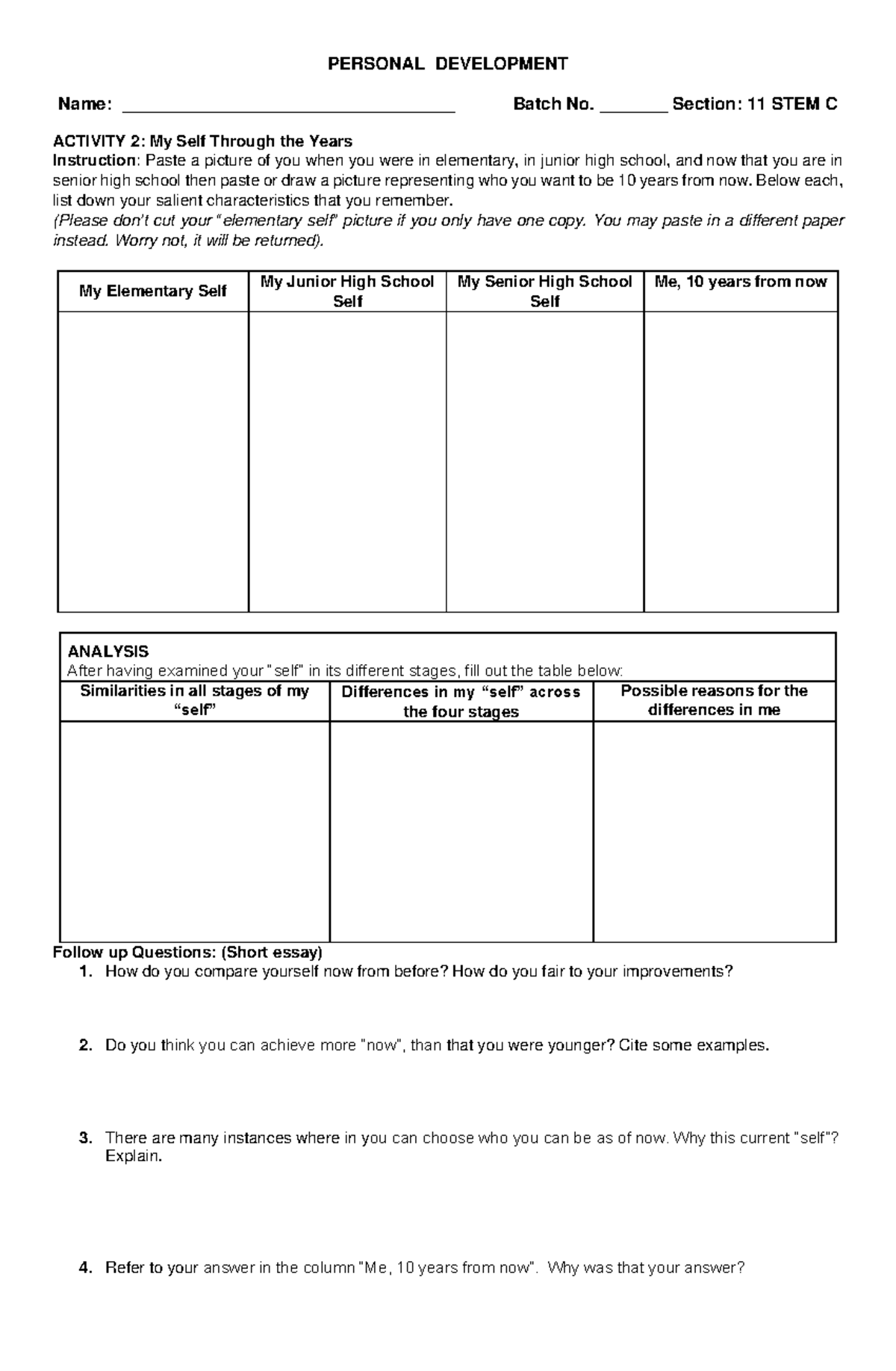 Personal Development Activity 2 - PERSONAL DEVELOPMENT Name