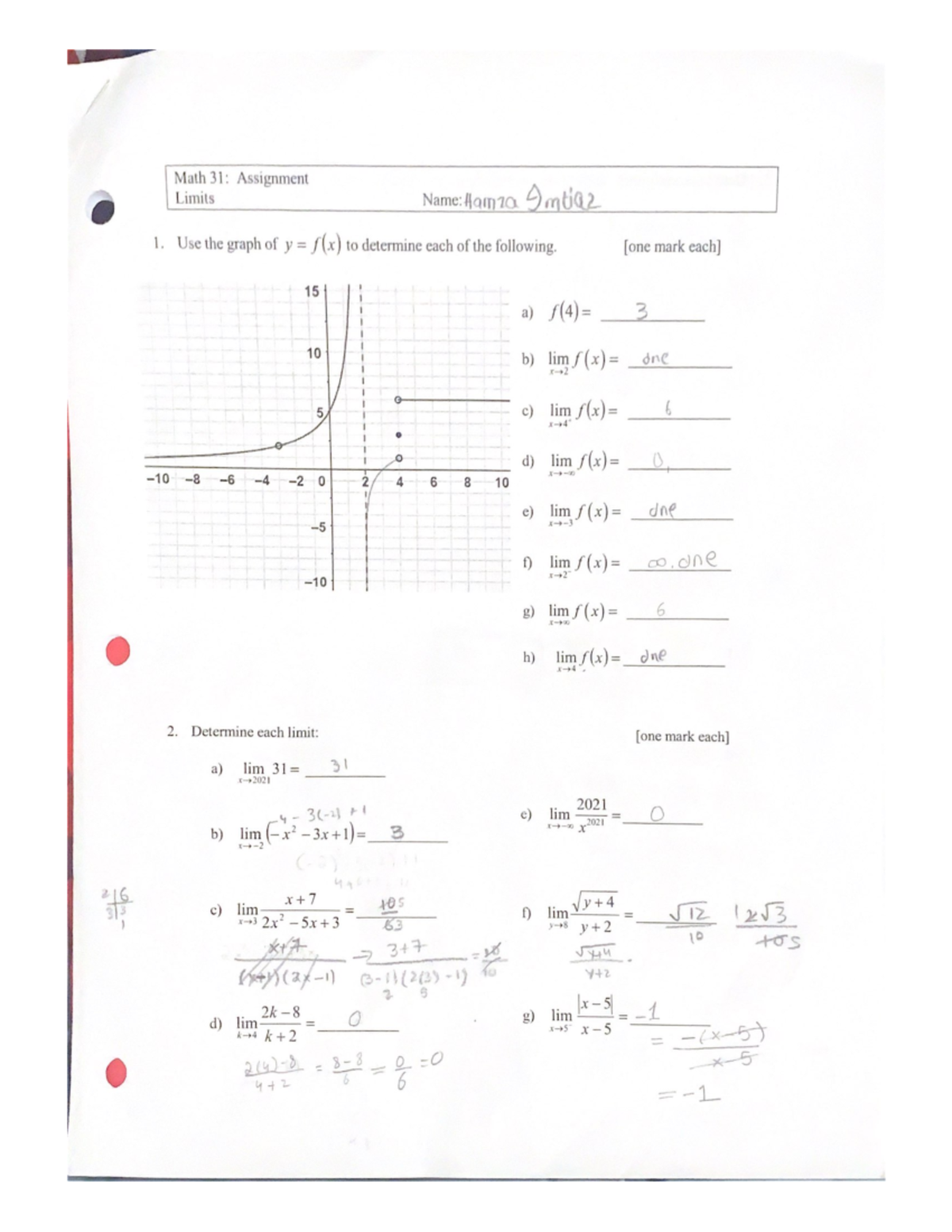 Math 31 Assignment With Answers About Limits - UPG 031 - UCalgary - Studocu