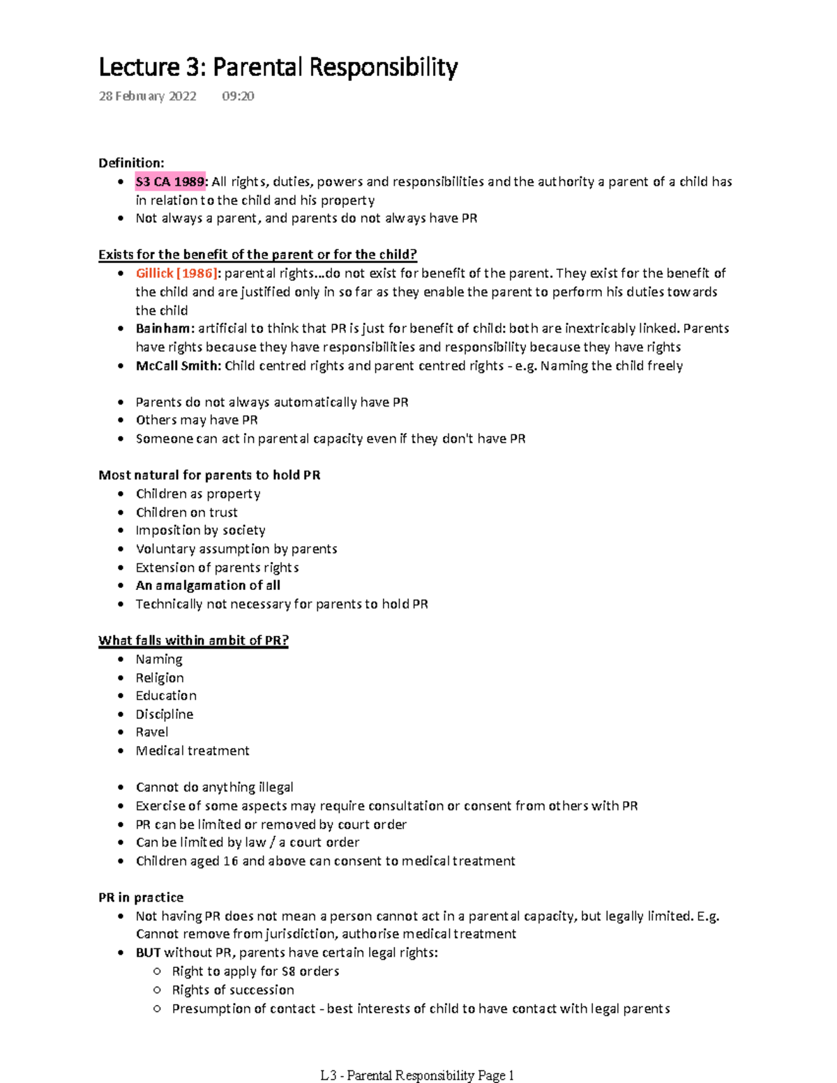 Child Law Lecture 3: Parental Responsibility - Definition: S3 CA 1989 ...