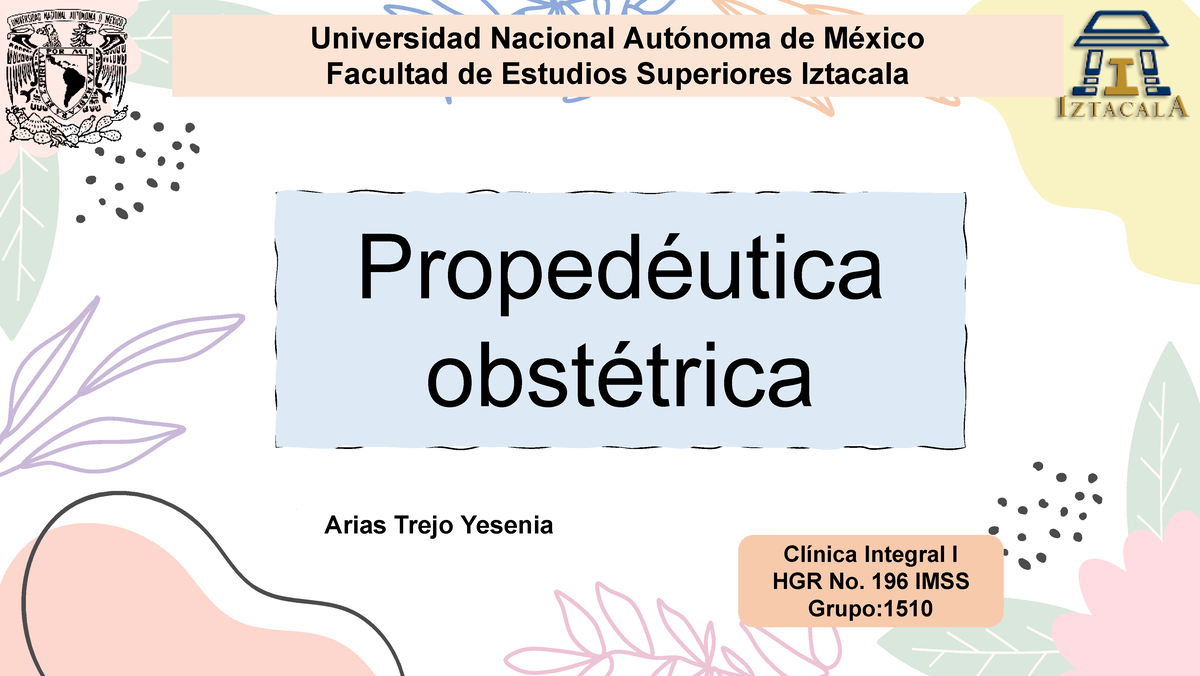 Propedéutica Obstétrica Propedéutica Obstétrica Arias Trejo Yesenia Clínica Integral I Hgr No 