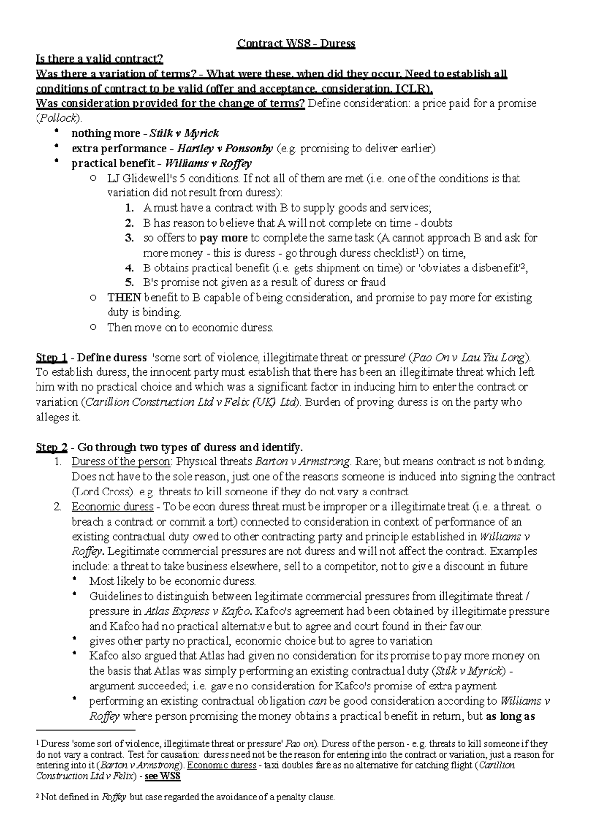 Duress Undue Influence-Cheat Sheet - Contract WS8 - Duress Is There A ...