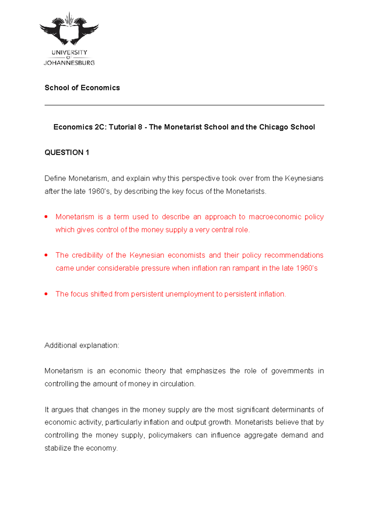 Tutorial 8 - The Monetarist School and the Chicago School Memo - School ...