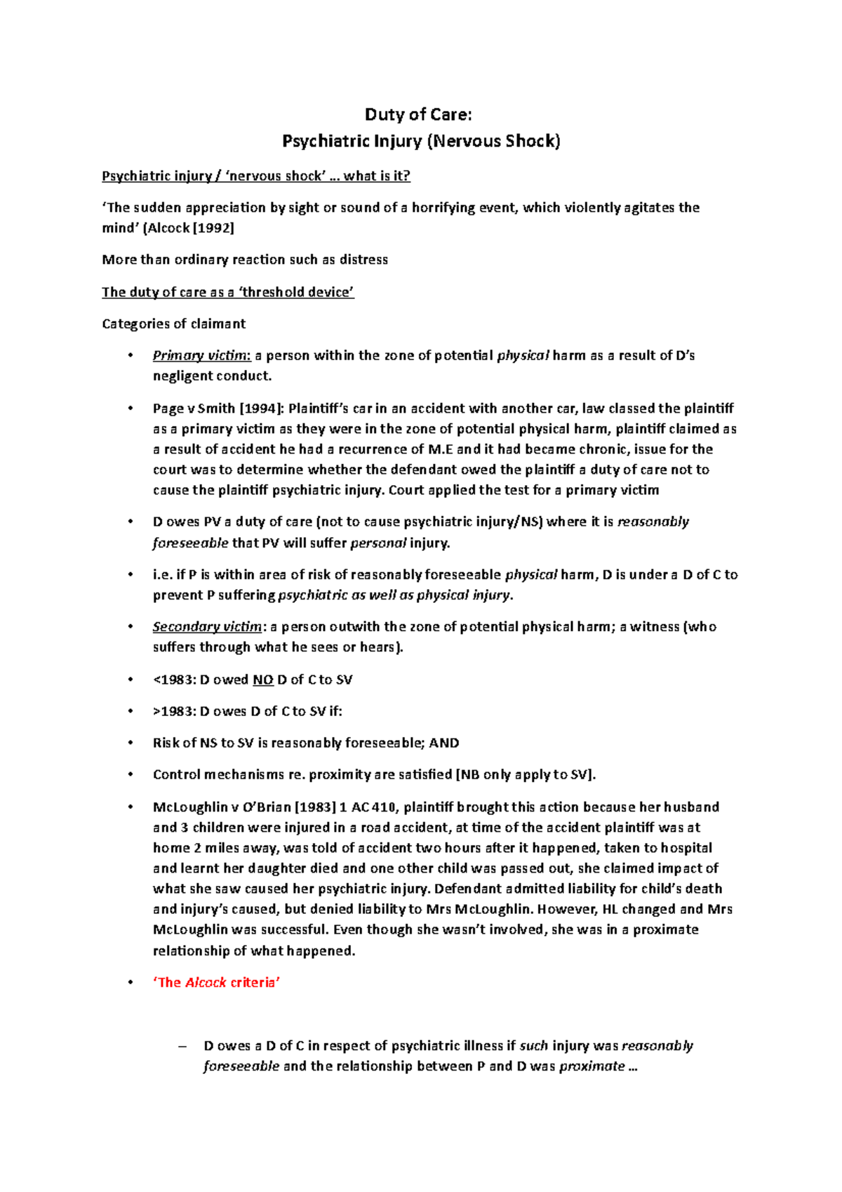 Duty Of Care Psychiatric Injury (Nervous Shock) - Duty Of Care ...