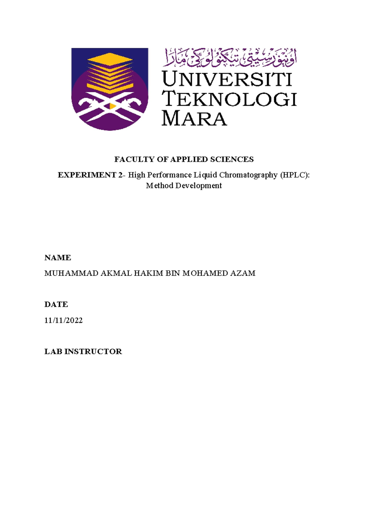 LAB EXP 2 chm 510 - just for references - FACULTY OF APPLIED SCIENCES ...