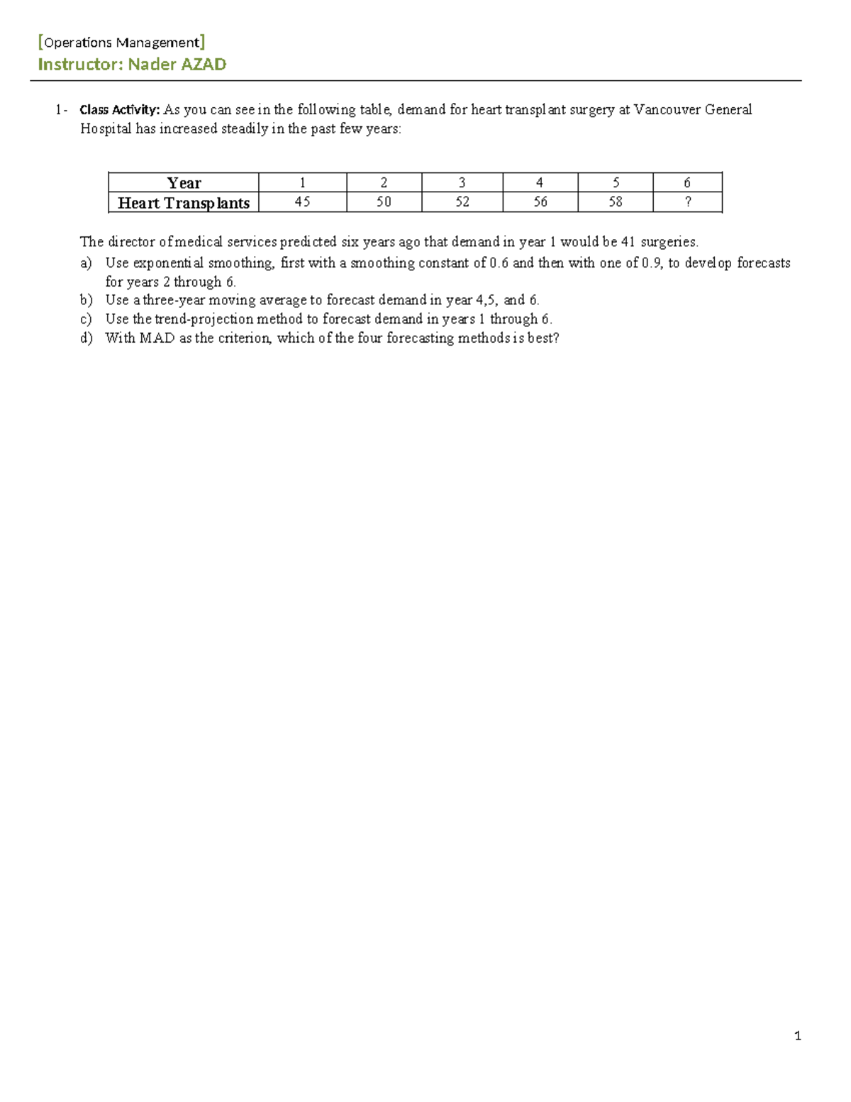 Class Activity-Week 2 - Practice - [Operations Management] Instructor ...