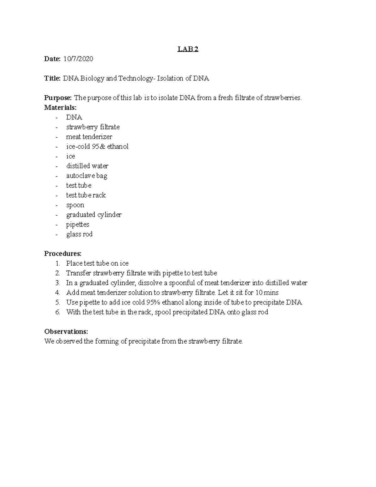 DNA Biology And Technology - Isolation Of DNA - LAB 2 Date: 10/7/ Title ...