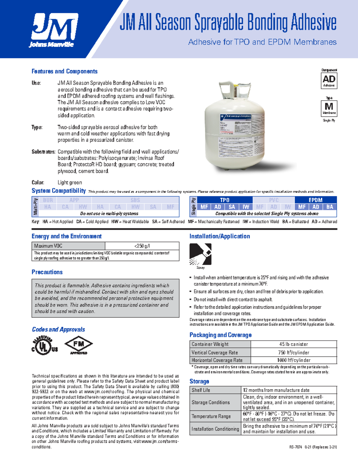075300 Submittals Product Data Sprayable Bonding Adhesive JM All Season Sprayable Bonding