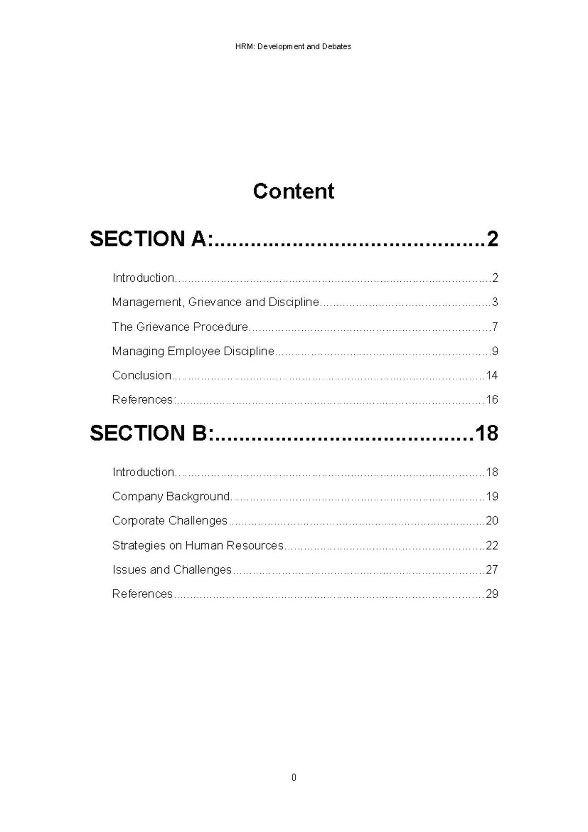 HRM: Development and Debates - Content SECTION A