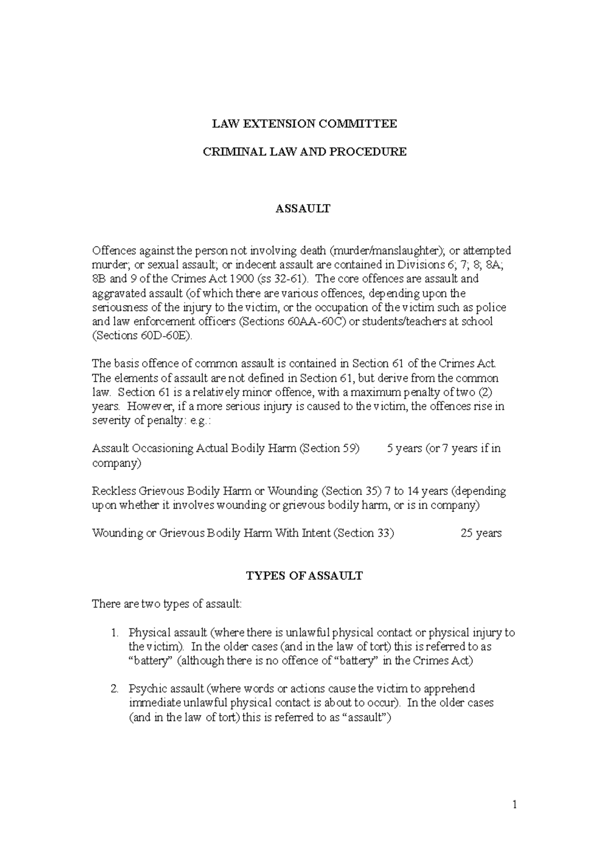 Assault lecture notes - LAW EXTENSION COMMITTEE CRIMINAL LAW AND ...