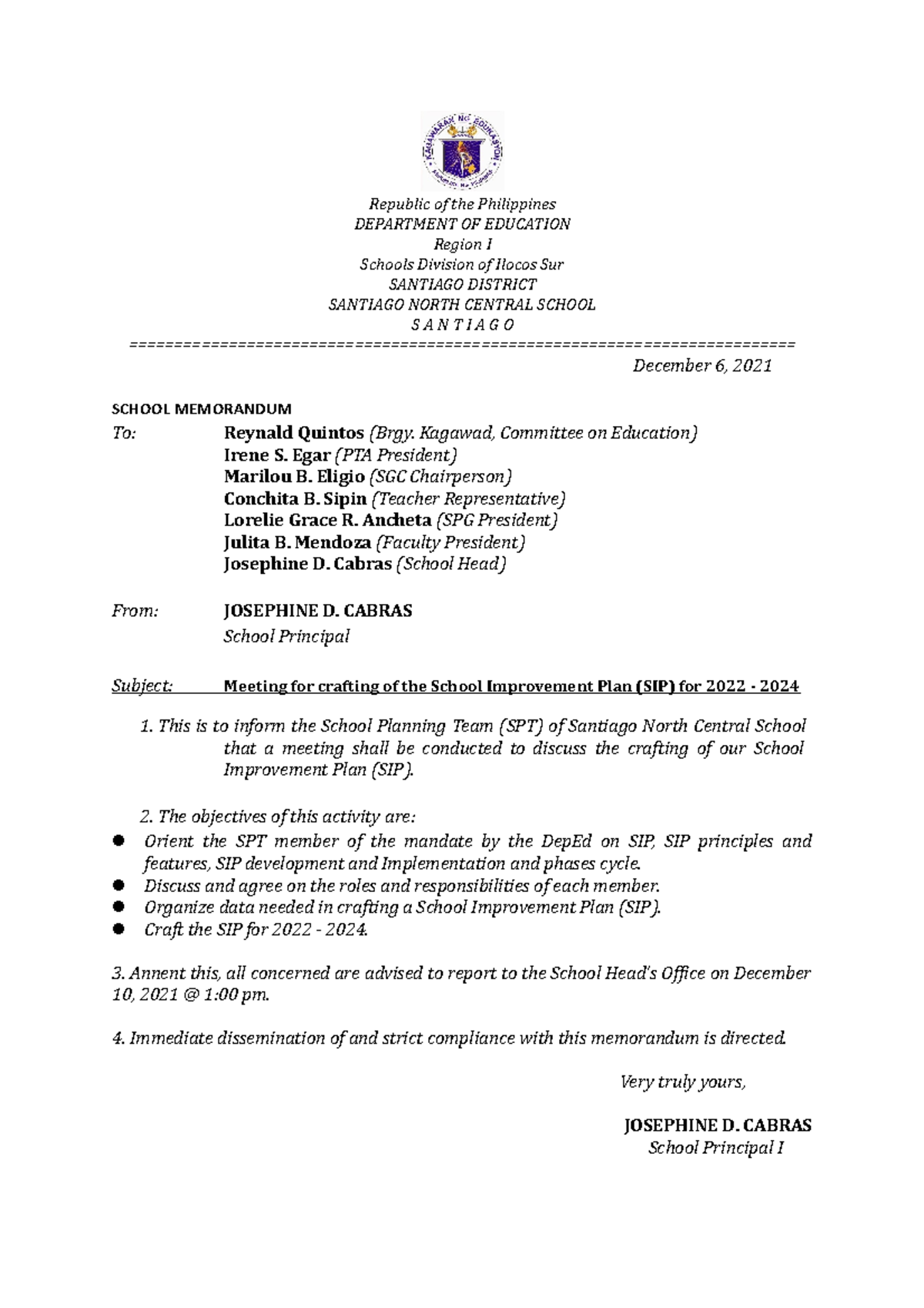 Notice of meeting SIPAIP Crafting Republic of the Philippines