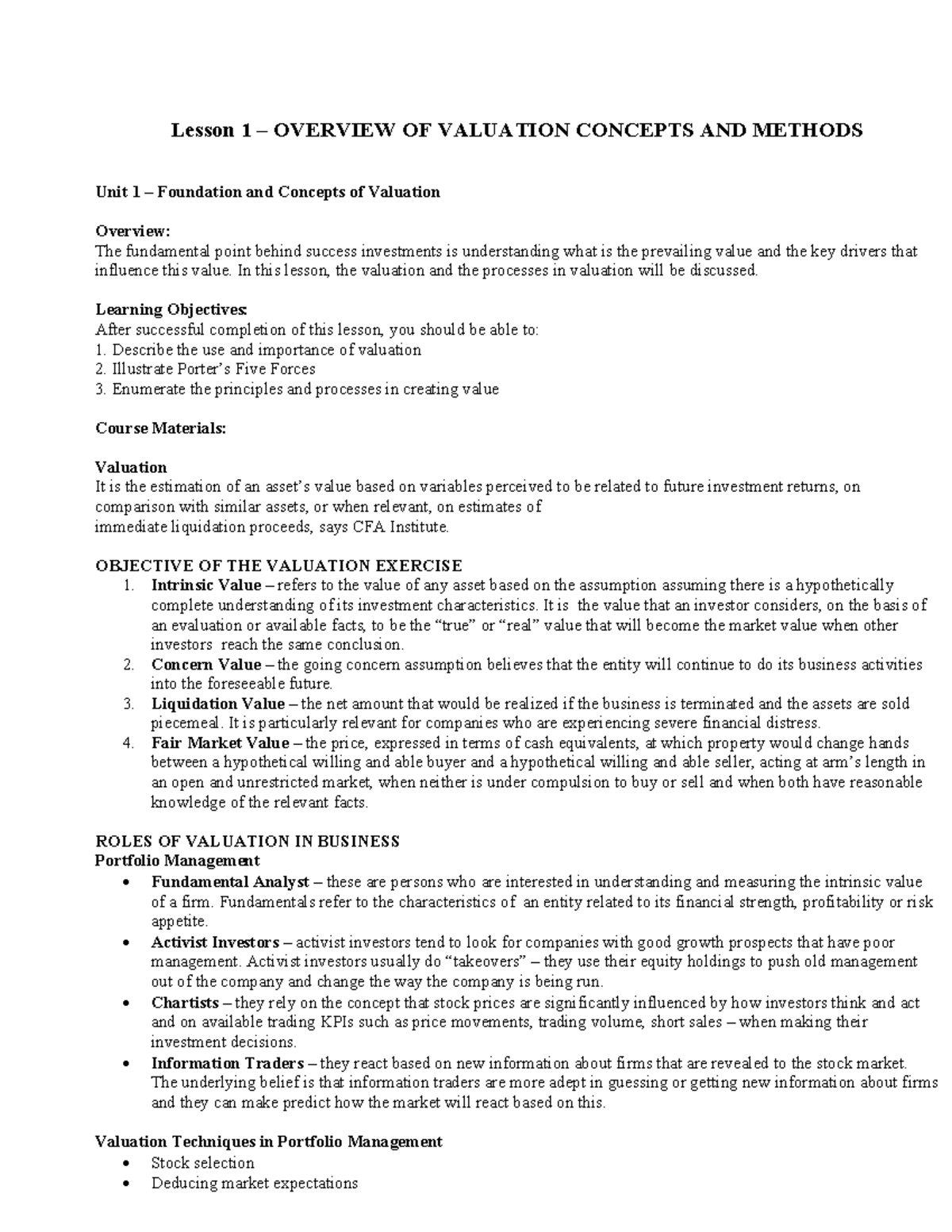 Valuation Concepts and Methods - Lesson 1 – OVERVIEW OF VALUATION ...