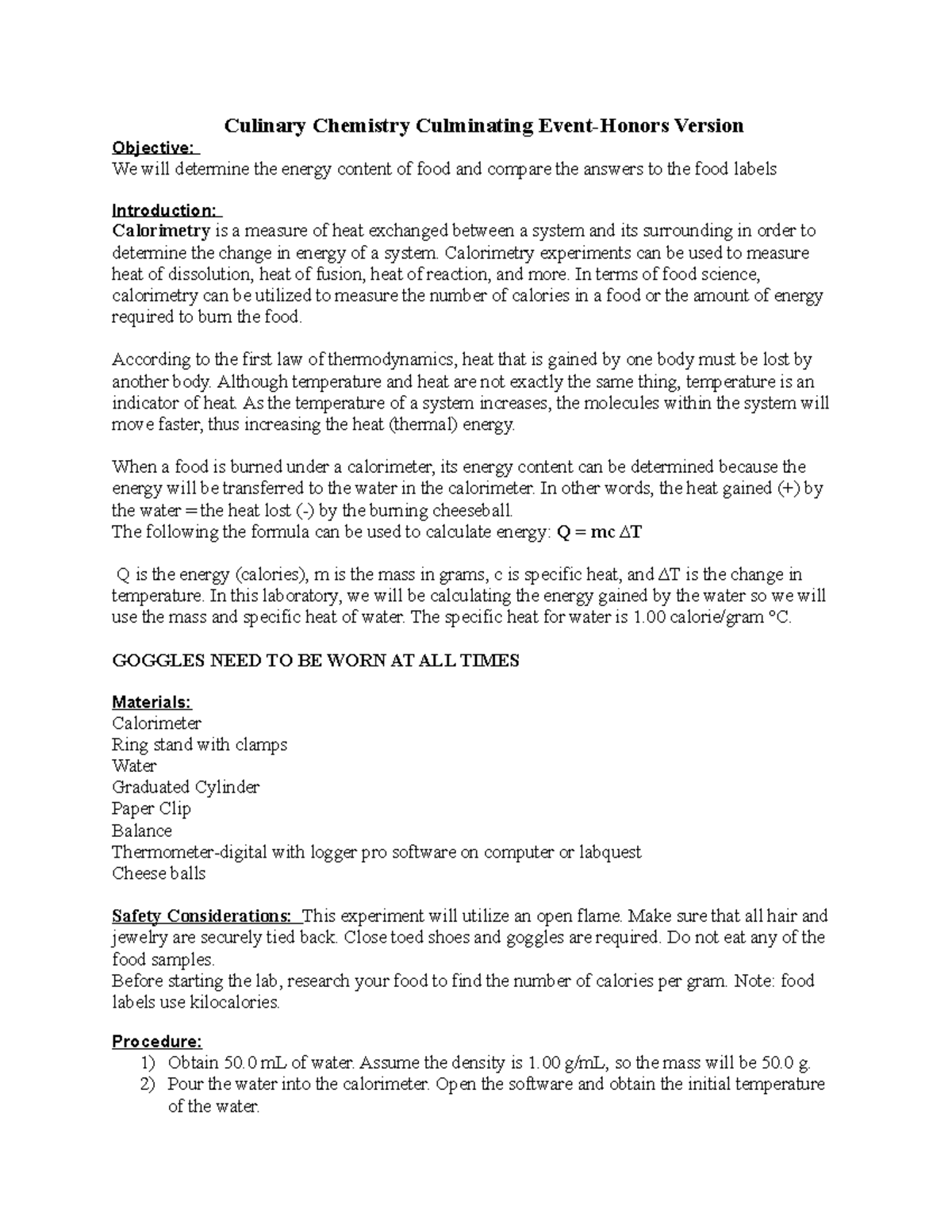 Calorimetry Lab 2022Honors Version Culinary Chemistry Culminating