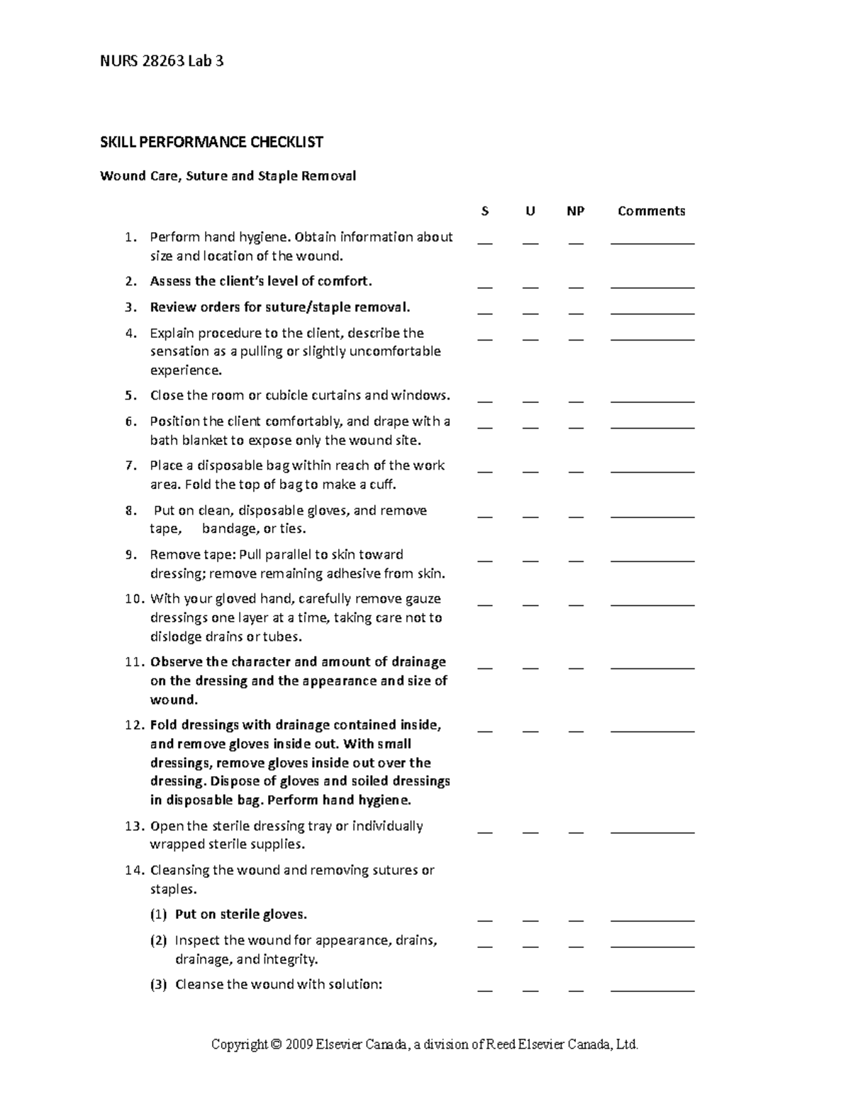 Sutures And Staples Skills Checklist - NURS 28263 Lab 3 SKILL ...