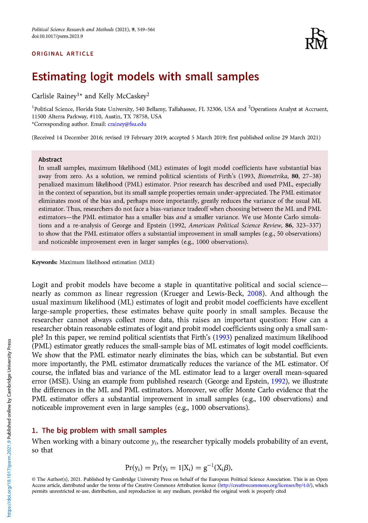 Estimating Logit Models With Small Samples ORIGINAL ARTICLE   Thumb 1200 1704 