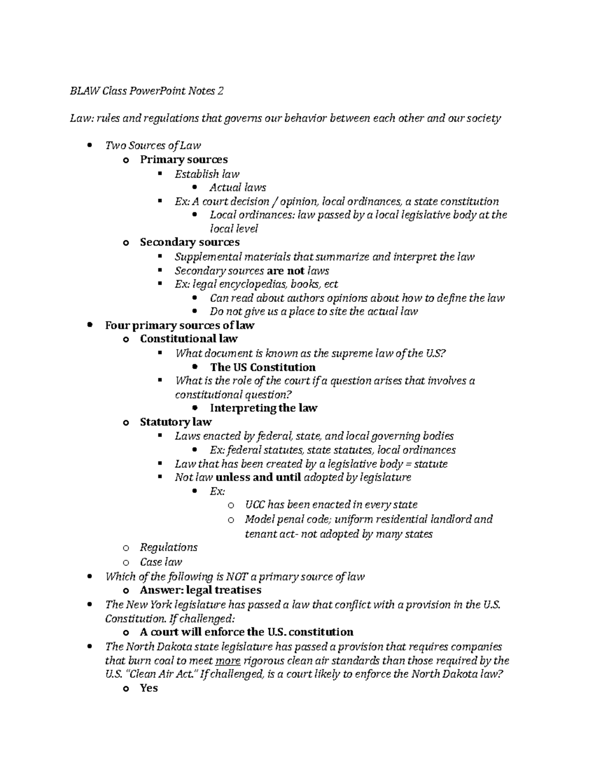 BLAW 341 Powerpoint 2 Notes - BLAW Class PowerPoint Notes 2 Law: Rules ...