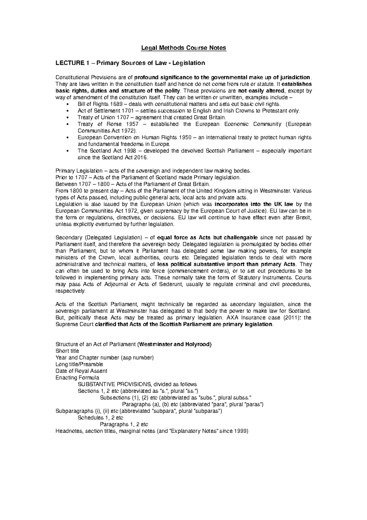 Legal Methods Course Notes - Legal Methods Course Notes LECTURE 1 ...
