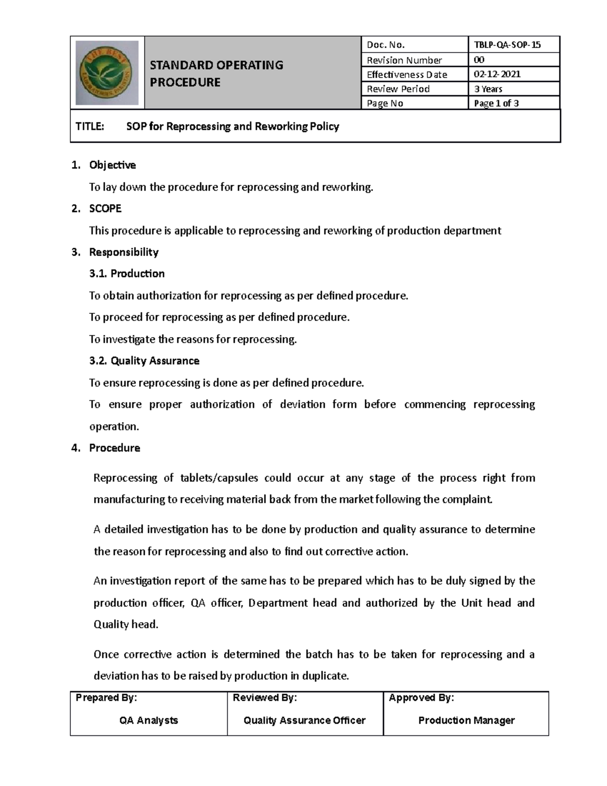 SOP for Reprocessing and Reworking Policy STANDARD OPERATING