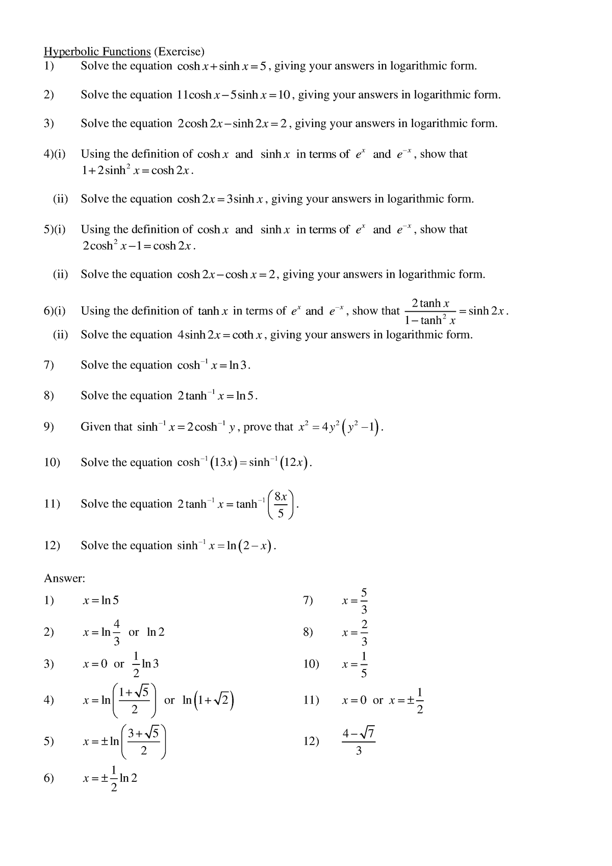 Hyperbolic Function exercise - Hyperbolic Functions (Exercise) Solve ...