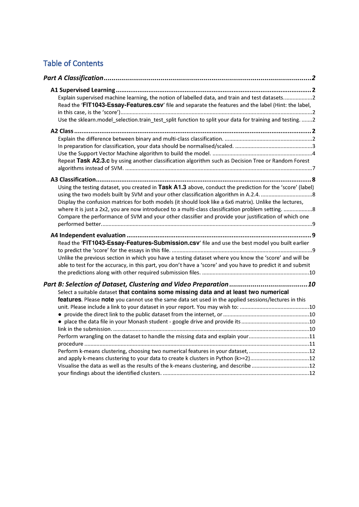 FIT1043 - Table Of Contents Part A Classification - Studocu