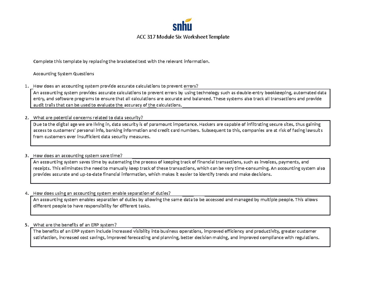 ACC 317 Module Six Worksheet - Accounting System Questions How does an ...