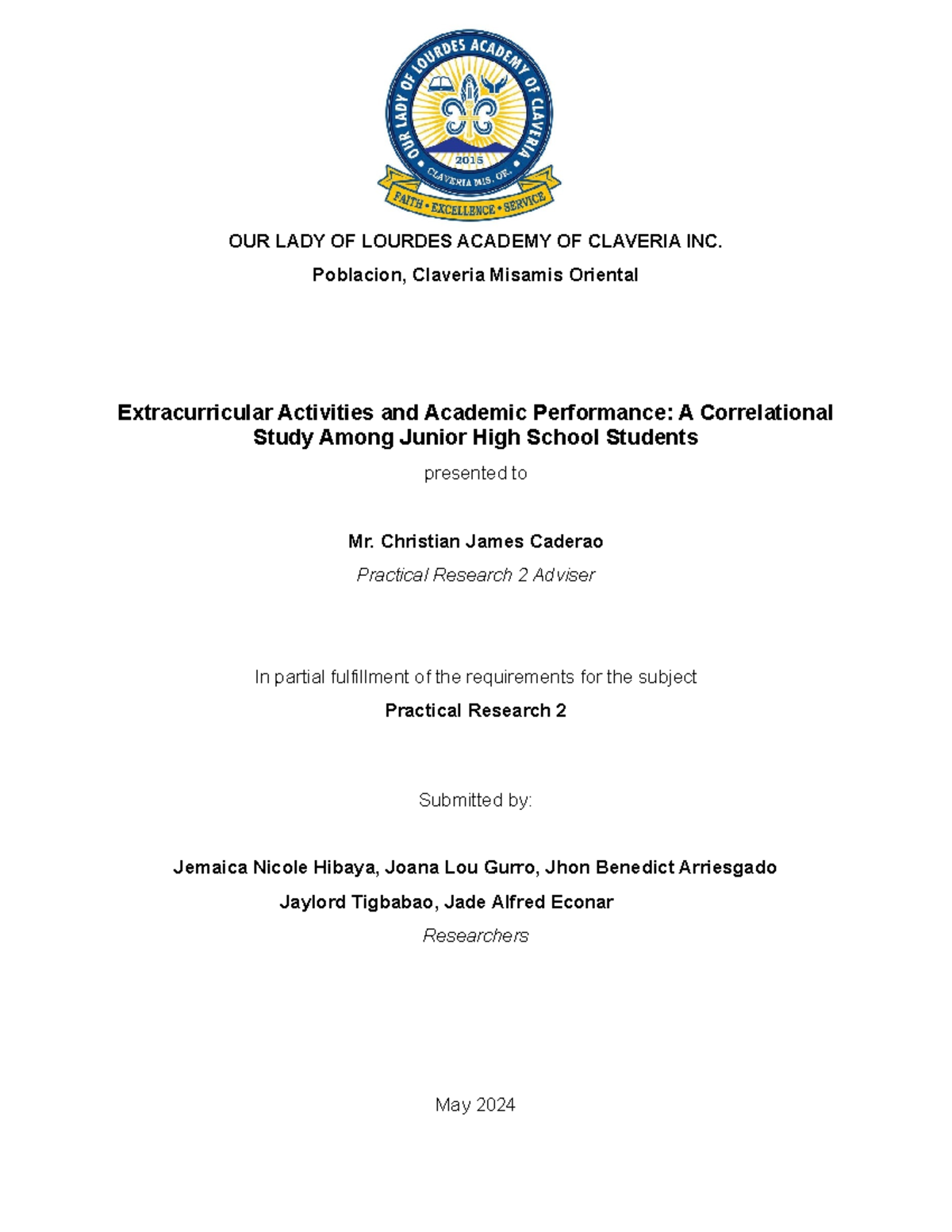 Front Page for Research Study Sample ONLY - OUR LADY OF LOURDES ACADEMY ...