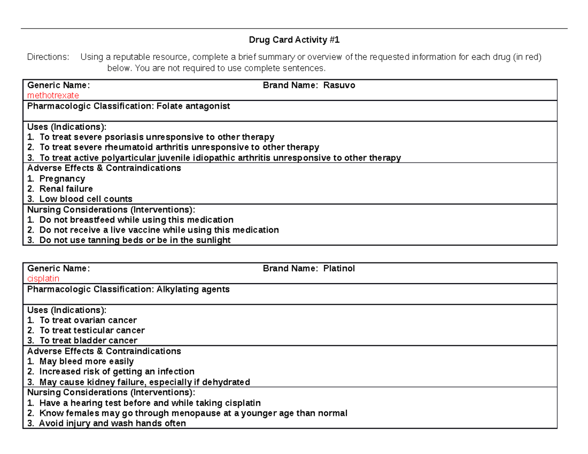 Drug Card Activity #1 - You are not required to use complete sentences ...