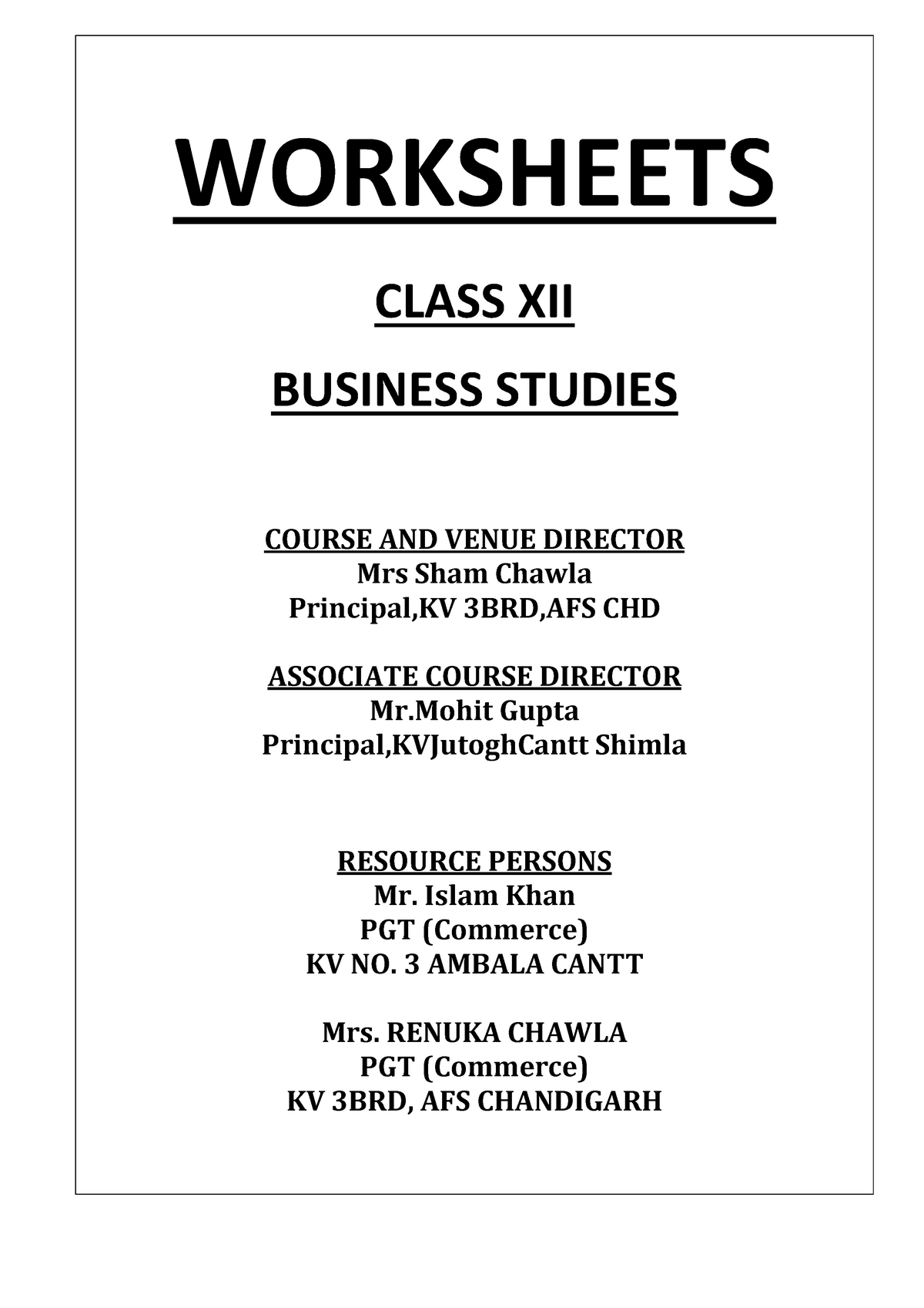 B St Worksheets XII BST - WORKSHEETS CLASS XII BUSINESS STUDIES COURSE ...