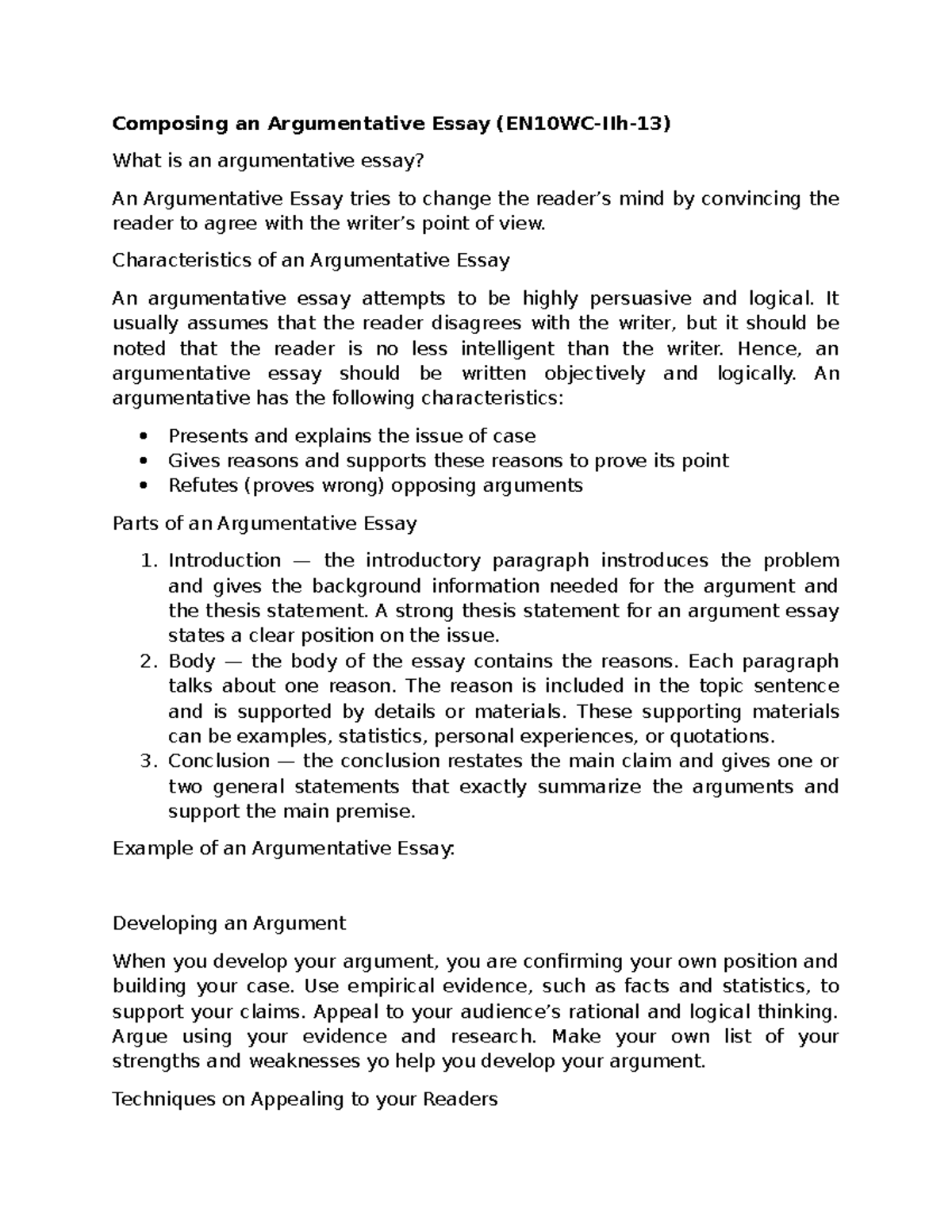 Review (G10) - Composing an Argumentative Essay (EN10WC-IIh-13) What is ...