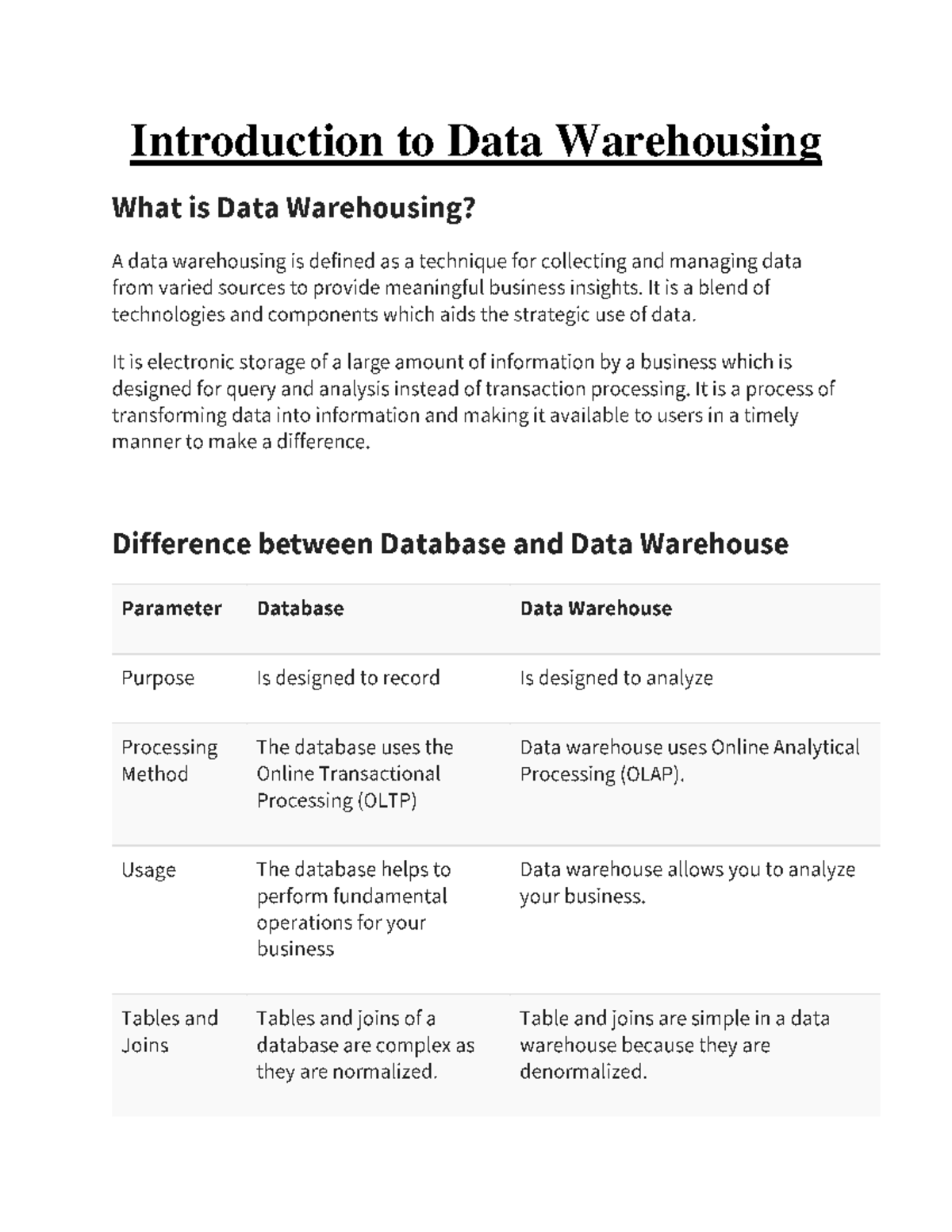 DWDM UNIT 1 NOTES - Introduction to Data Warehousing Data warehouse ...